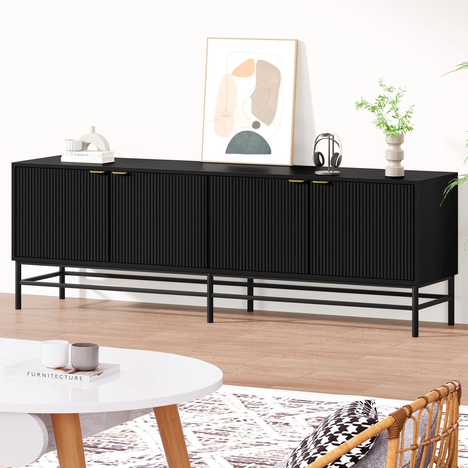 2 Alfordson Entertainment Unit 180cm TV Cabinet Stand Storage Doors Shelf - Black, 2 of 4