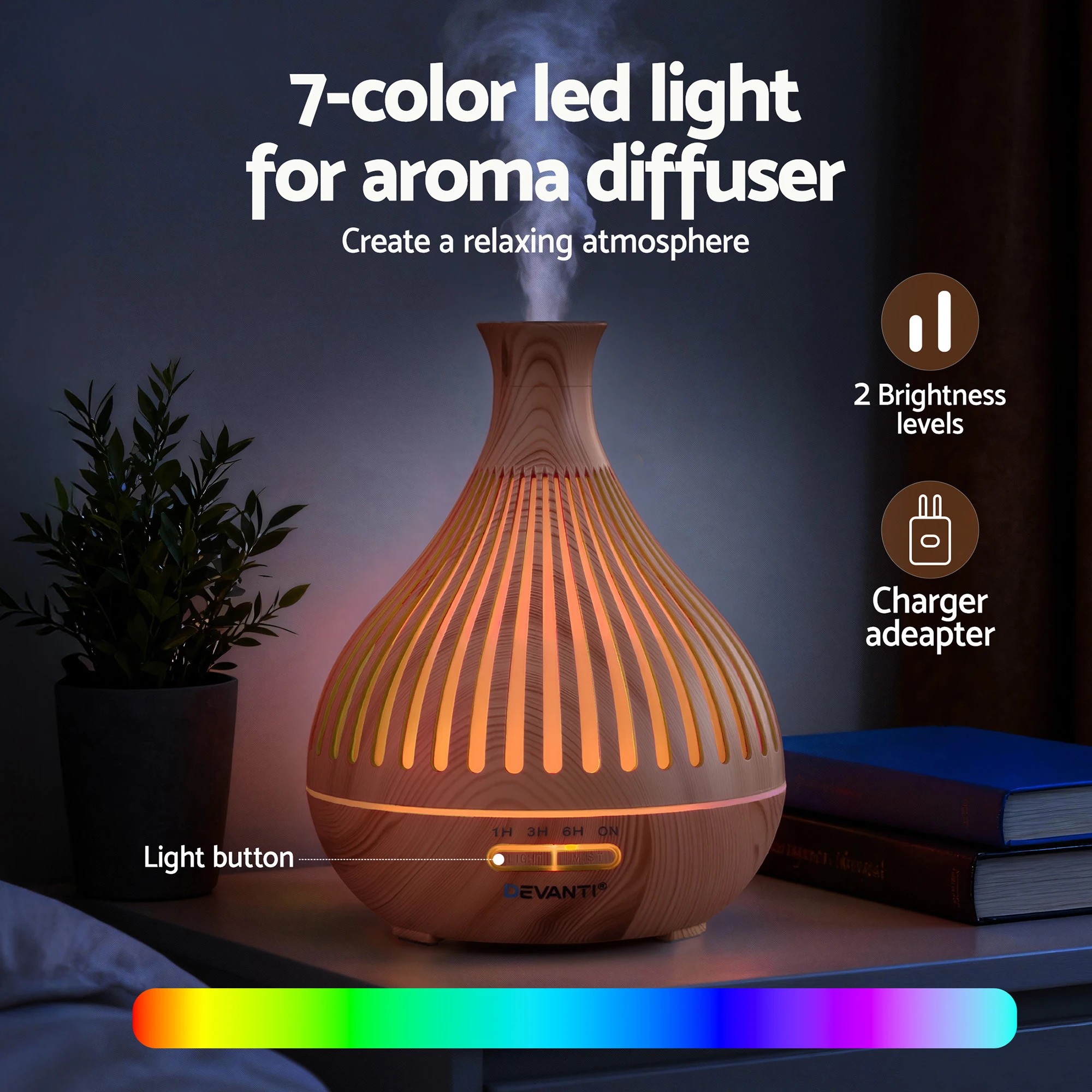 5 Devanti Ultrasonic Aroma Diffuser Aromatherapy 400ml LED Lights Iron Humidifier  Light wood grain - Natural, 5 of 9