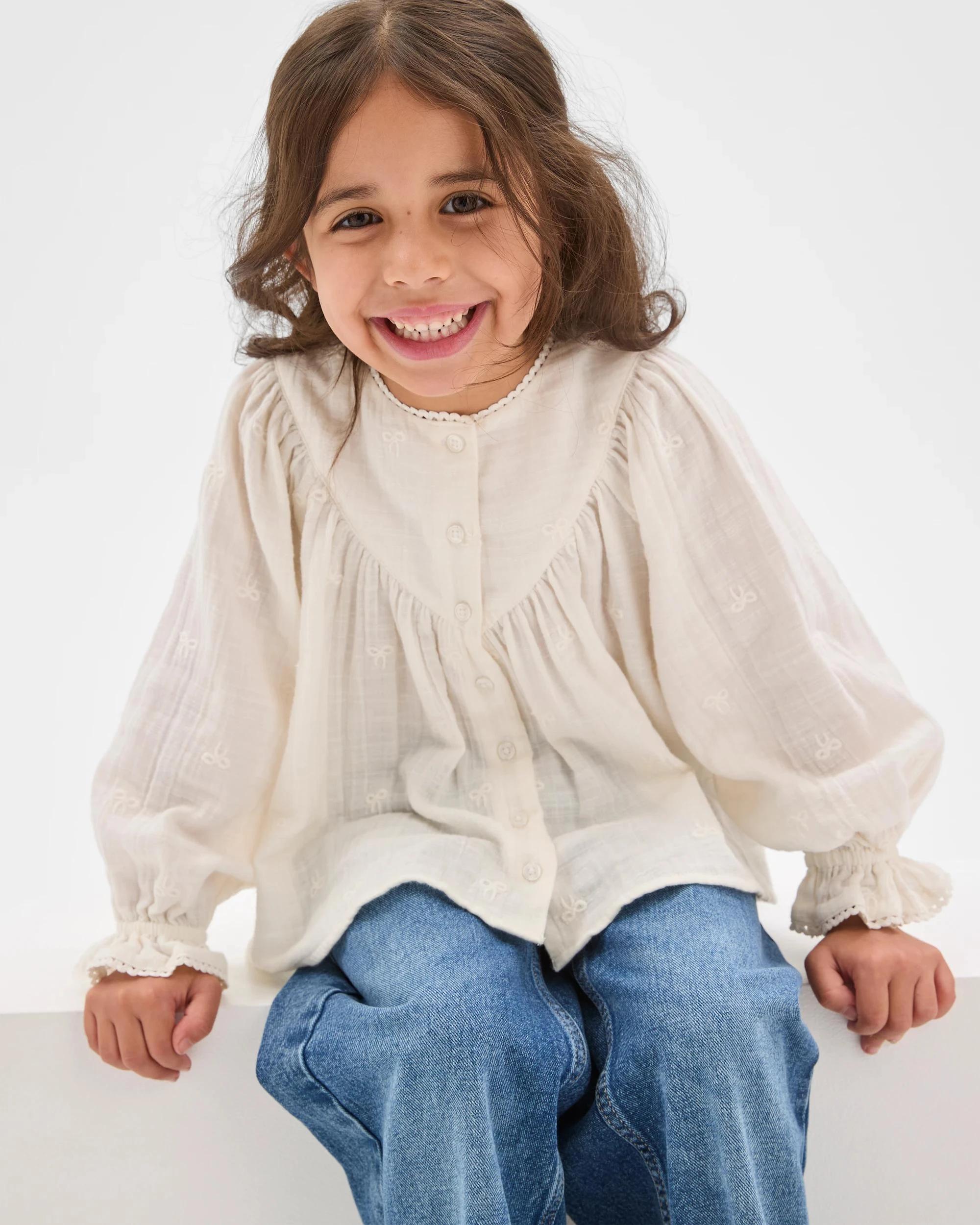 3 Target Kids Long Sleeve Woven Button Through Ruffle Blouse CREAM, 3 of 6