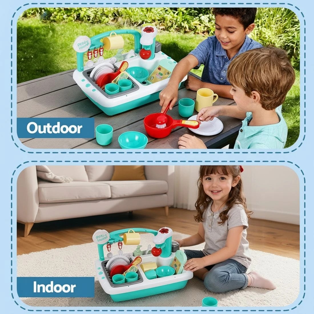 7 Keezi Kids Kitchen Play Set Play Pretend Sink Dishwasher Toys Green - Multi, 7 of 8