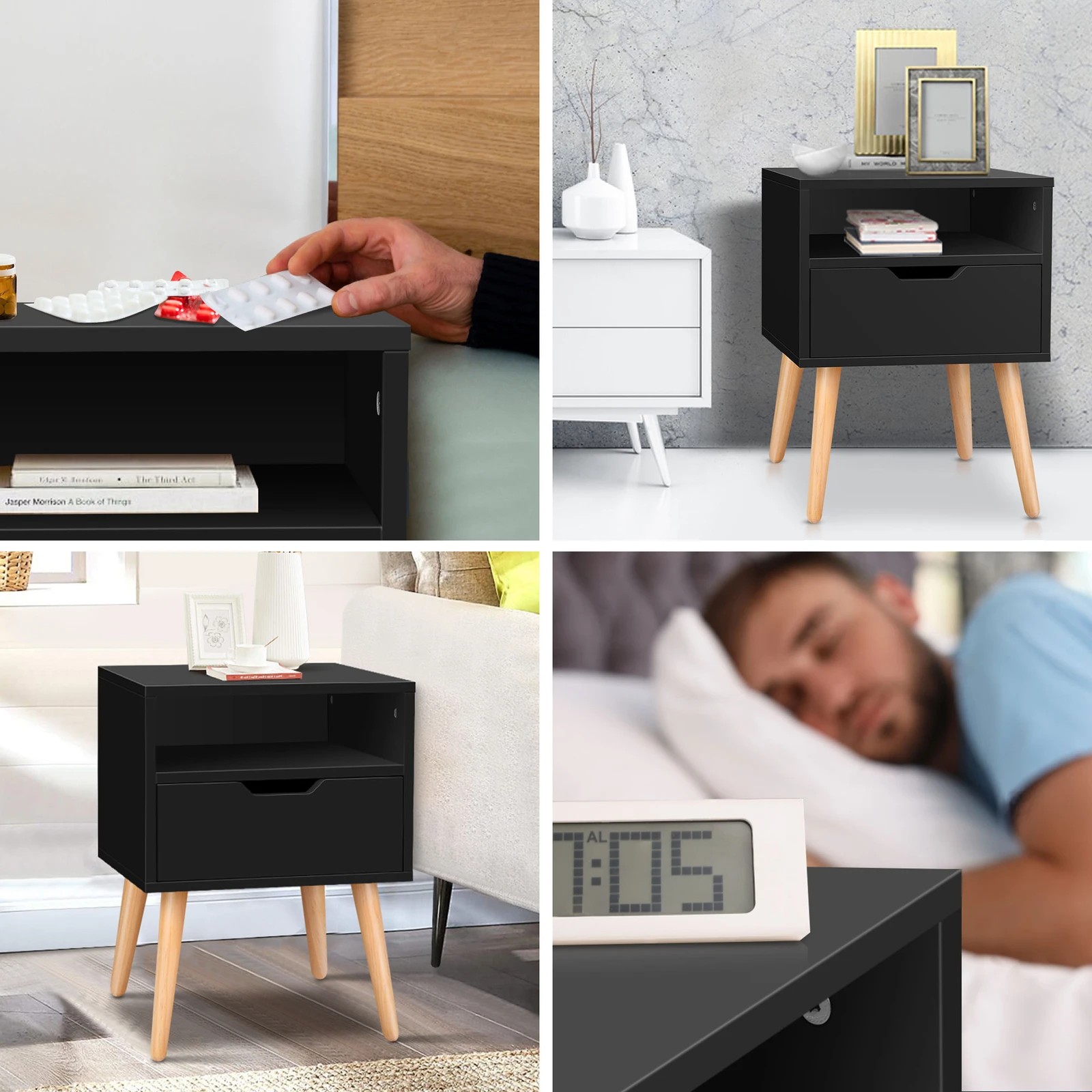 4 Alfordson 2x Bedside Table Nightstand Side Storage Cabinet Scandinavian - Black, 4 of 10