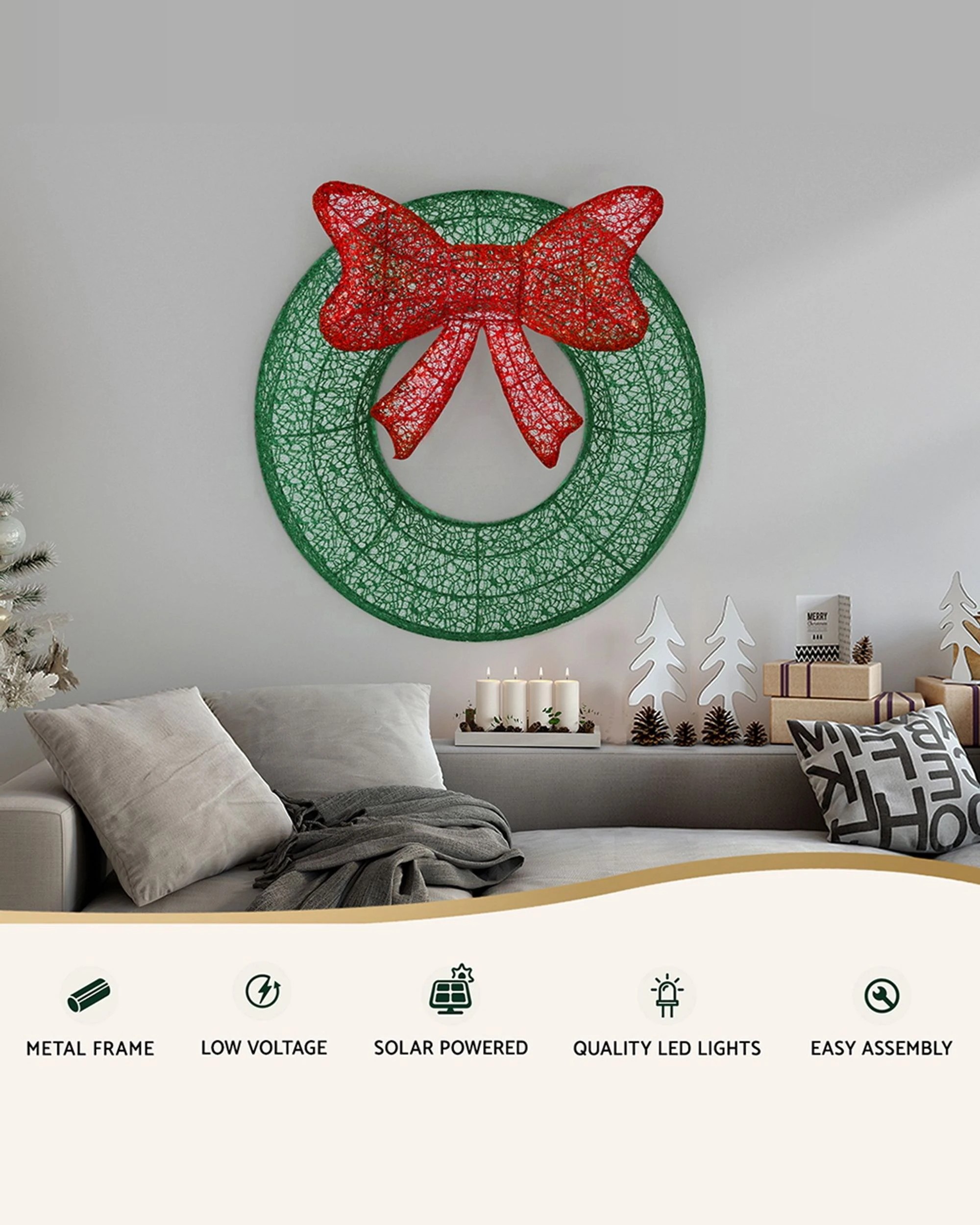 3 Jingle Jollys Christmas Lights 60cm Motif 50 Led Solar Wreath Xmas Decorations
 - White, 3 of 3