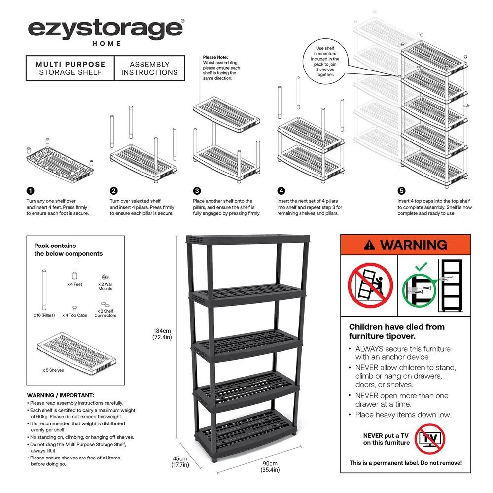 7 Ezy Storage 5 Tier Plastic Shelf 90 x 44.5cm Shelves Home Office Storage, 7 of 7