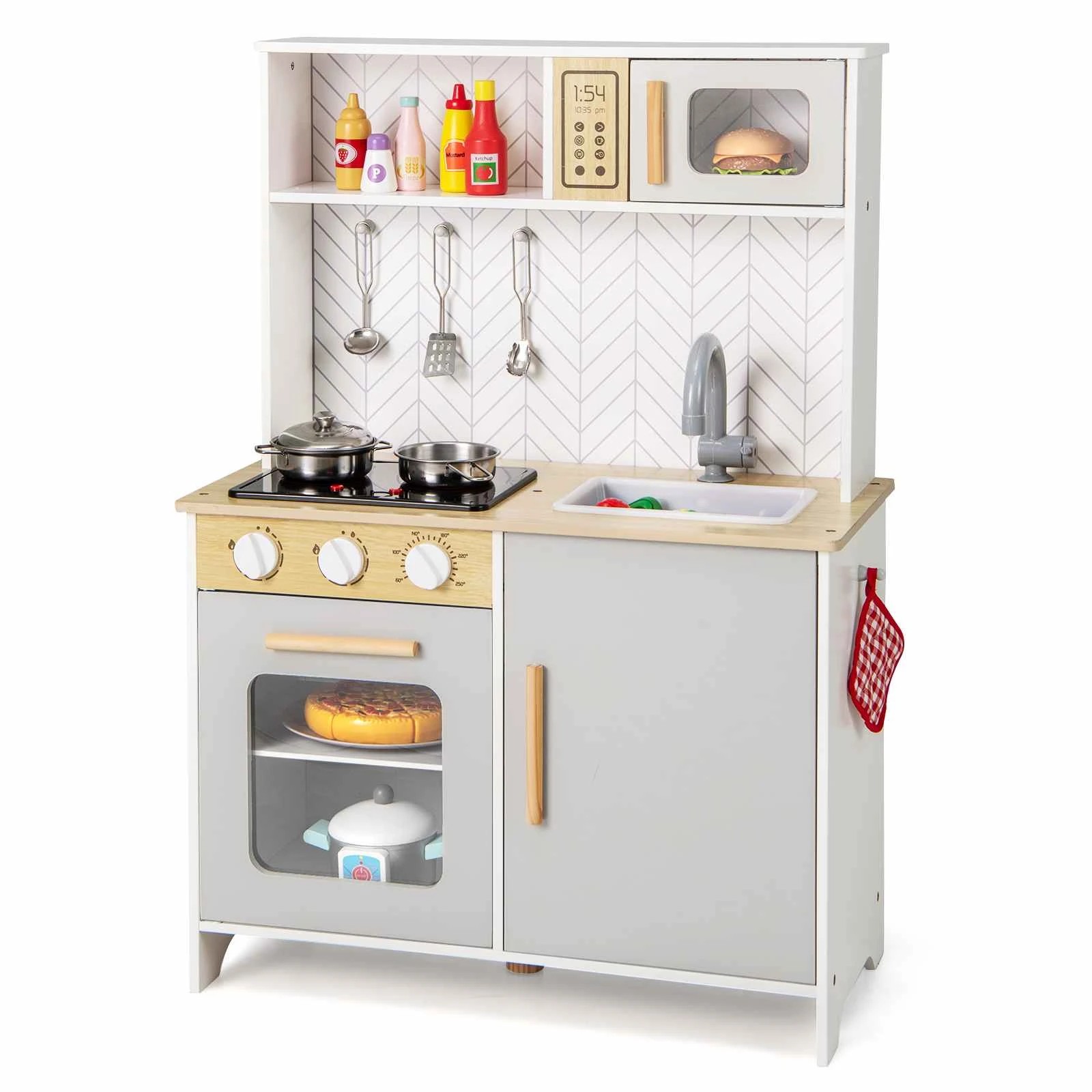 1 Costway Pretend Play Kitchen Kitchen Playset w/Light & Sounds - White, 1 of 1