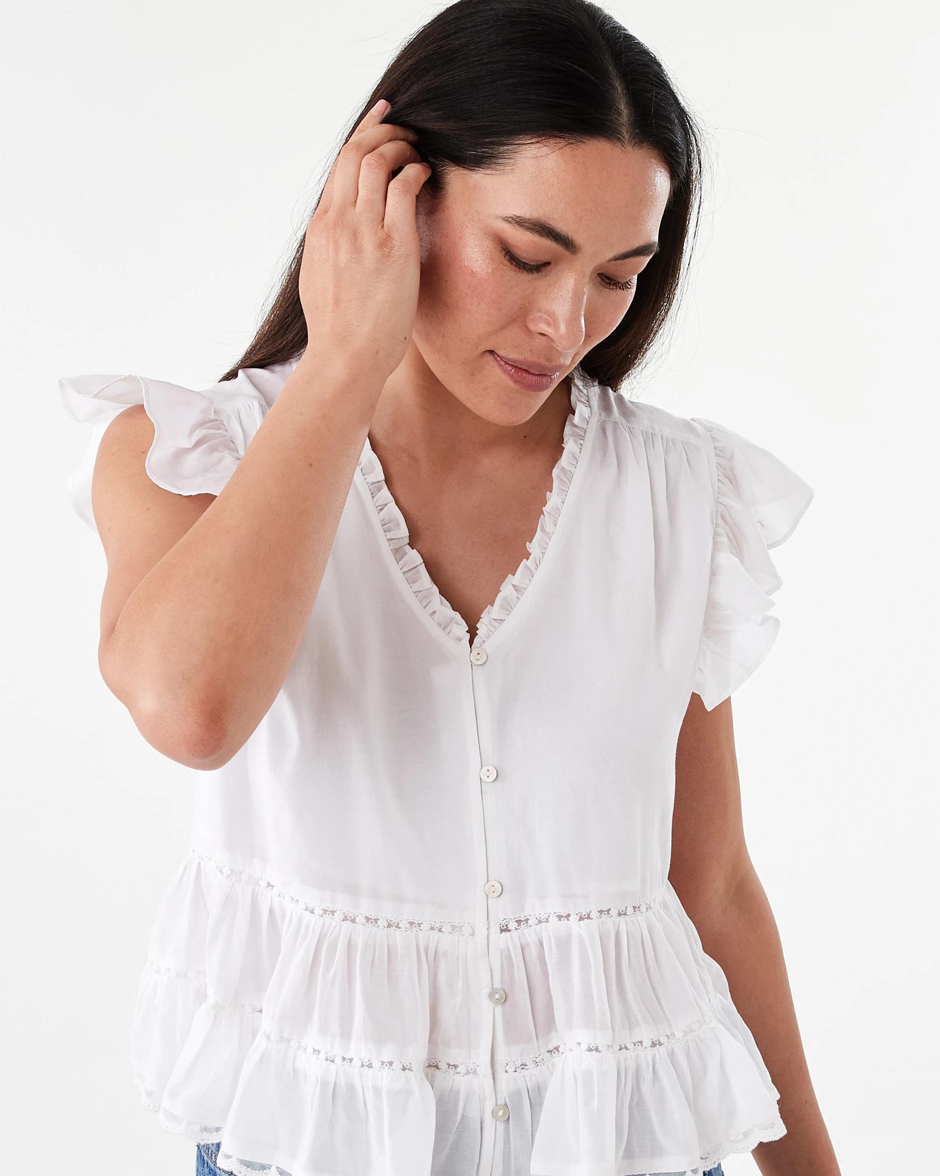 4 Short Sleeve Lace Trim Flutter Top White, 4 of 8