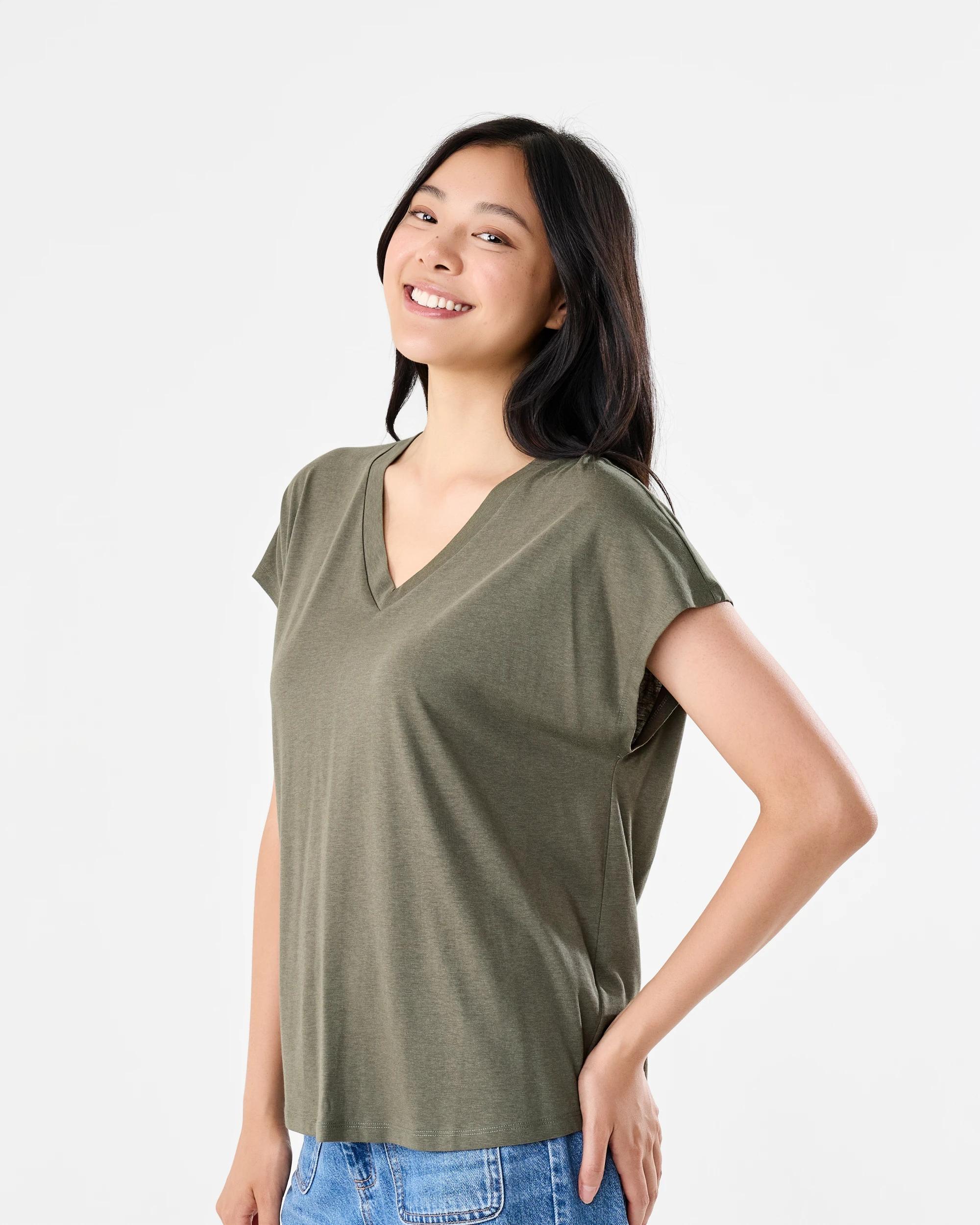 2 Short Extended Sleeve V-Neck T-shirt Deep Olive, 2 of 6