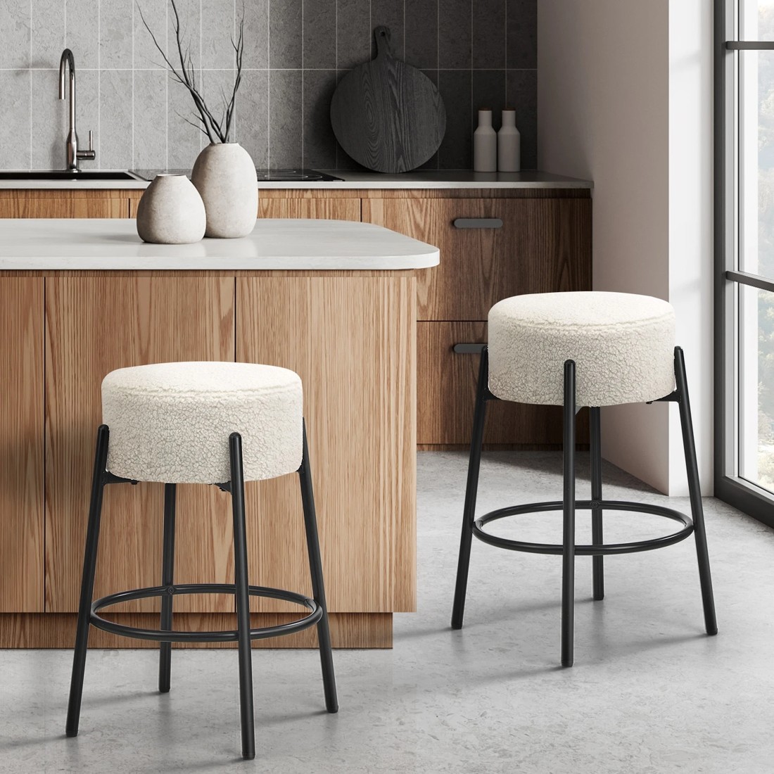 2 Oikiture 2x Bar Stools Kitchen Dining Chair Round Stool Boucle Fabric
 - White, 2 of 10