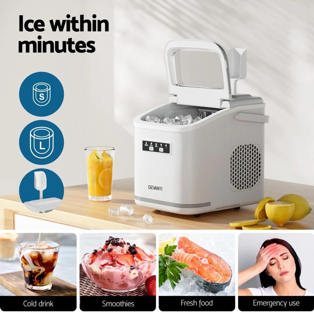 5 Devanti Ice Maker Machine Portable 12kg Countertop w/Self Cleaning 1.3L - White, 5 of 7