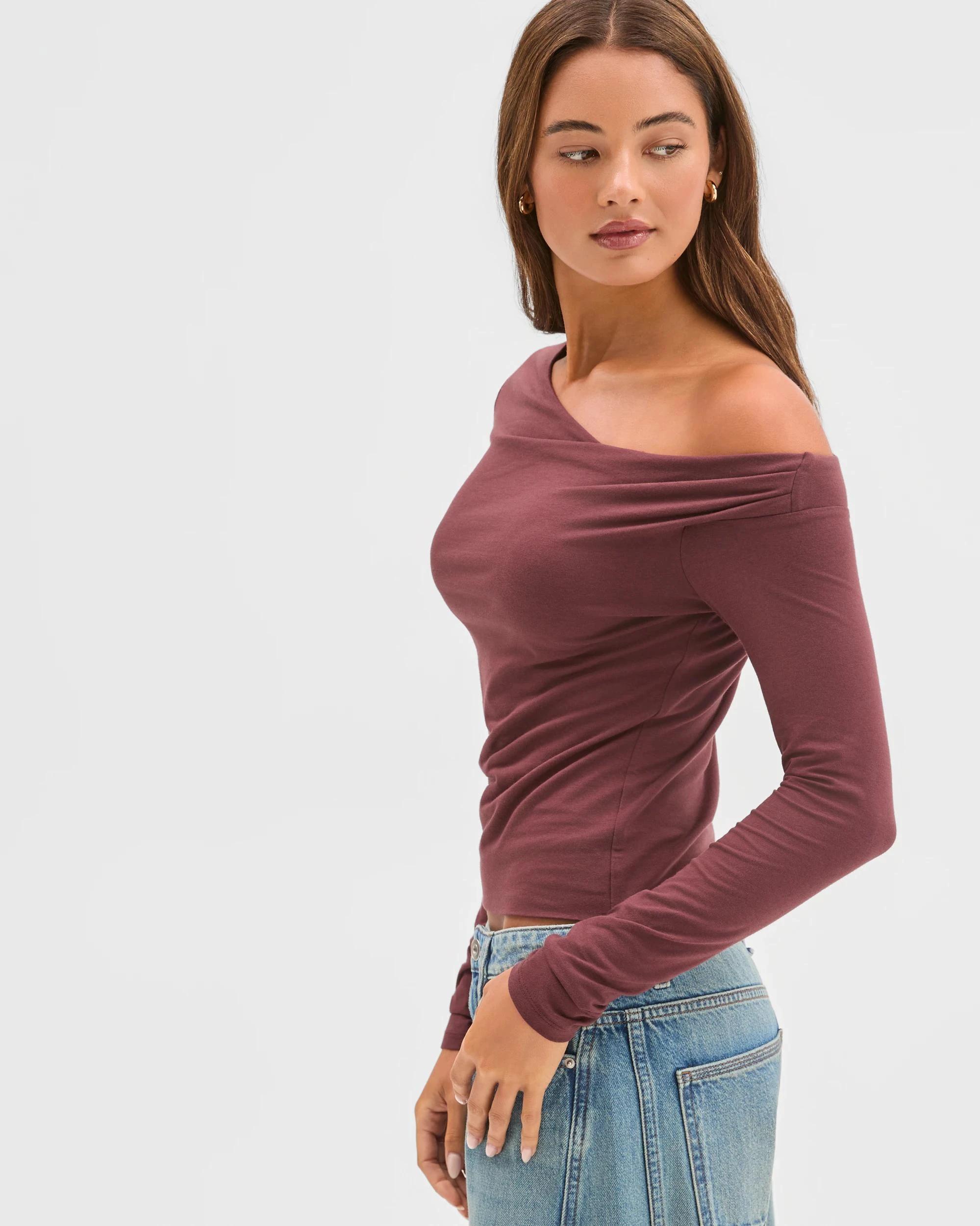 6 Lily Loves Australian Cotton Off Shoulder Long Sleeve Top BURGUNDY, 6 of 7