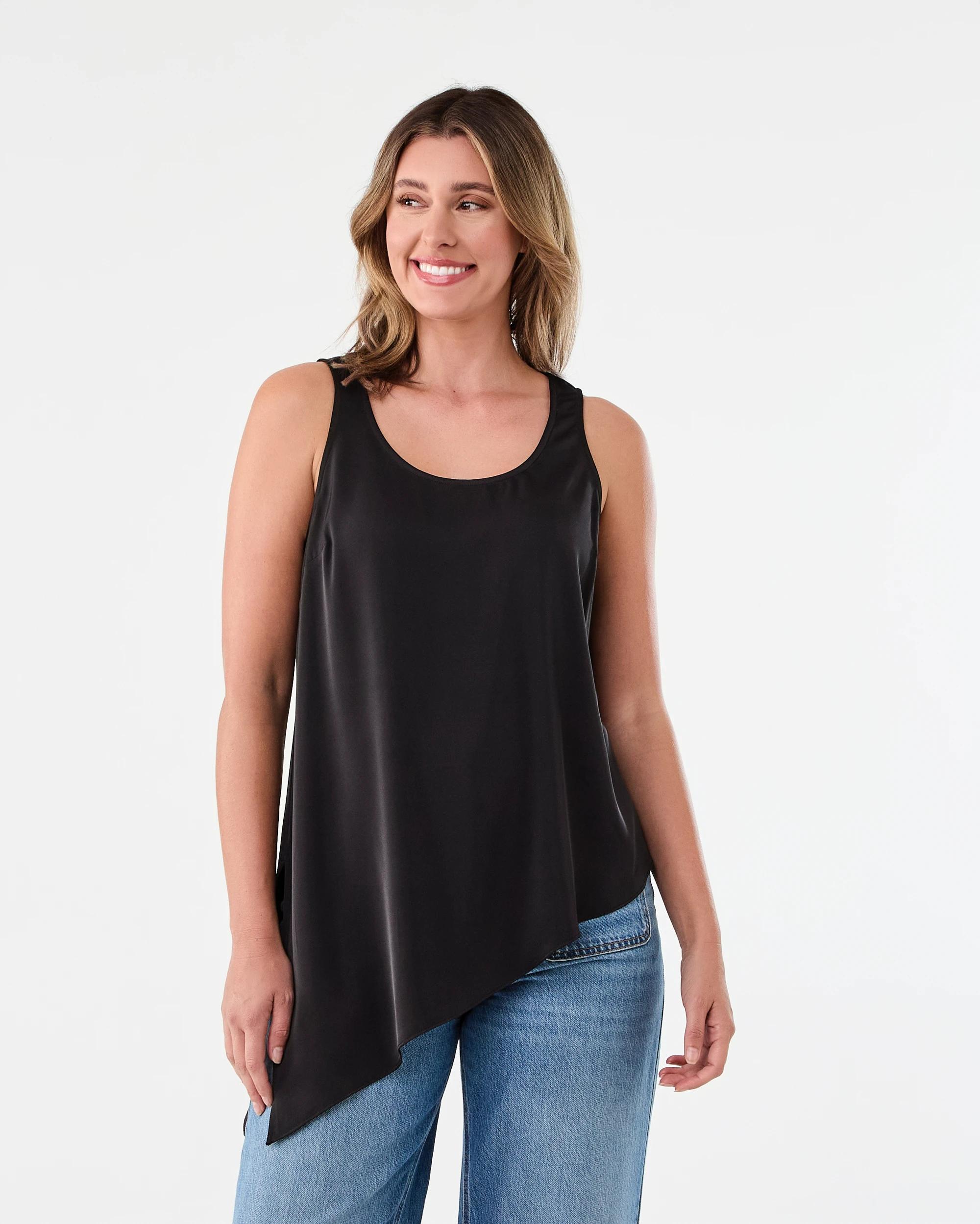 1 Sleeveless Asymmetrical Satin Scoop Tank Black, 1 of 6