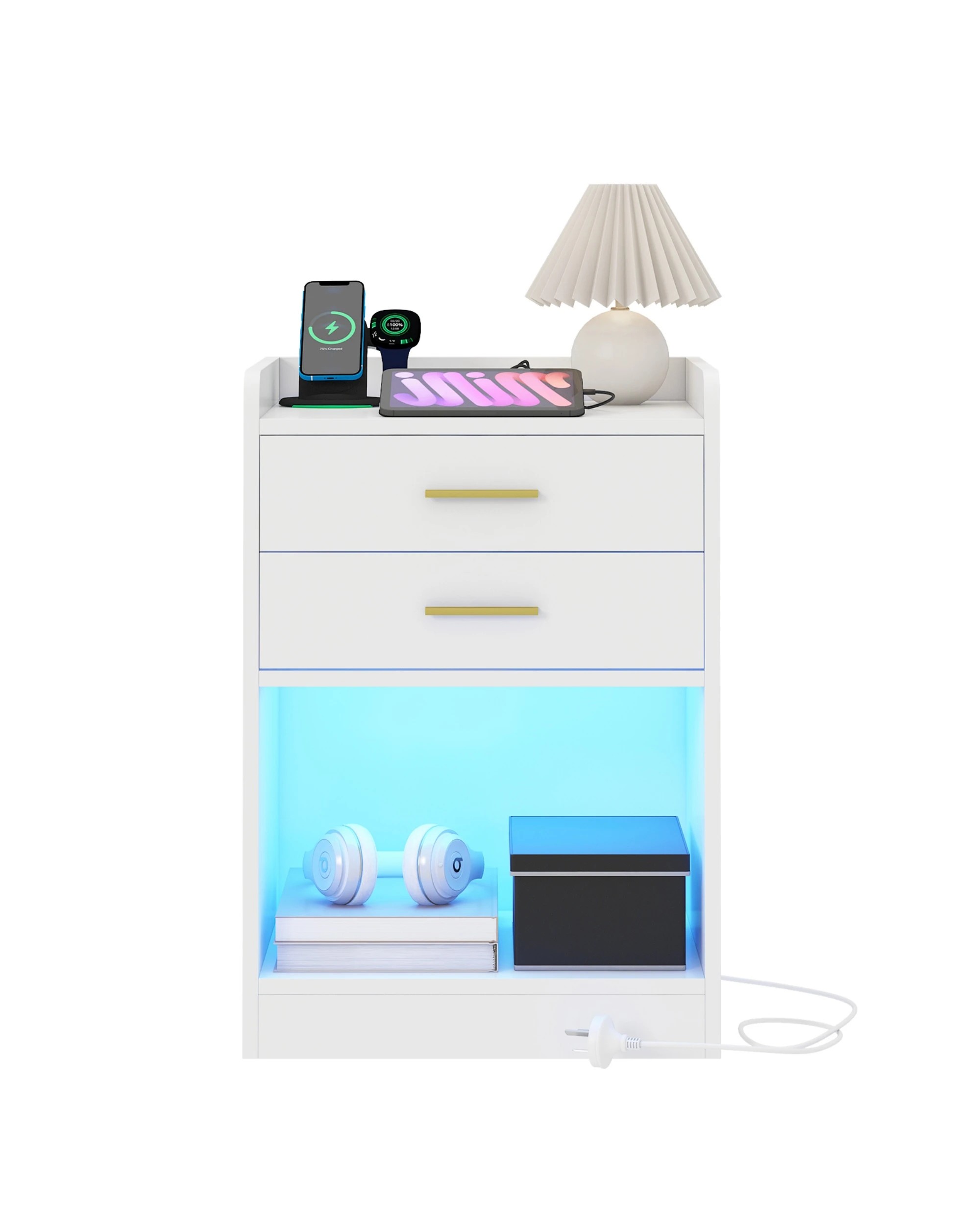 5 Advwin LED 2x Bedside Table with Charging Station 2 Drawers Nightstand - White, 5 of 8