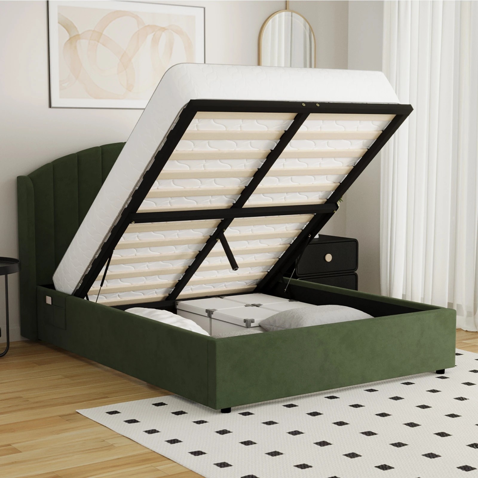 4 Oikiture Bed Frame Double Size With Gas Lift Storage USB Charging Velvet - Green, 4 of 9
