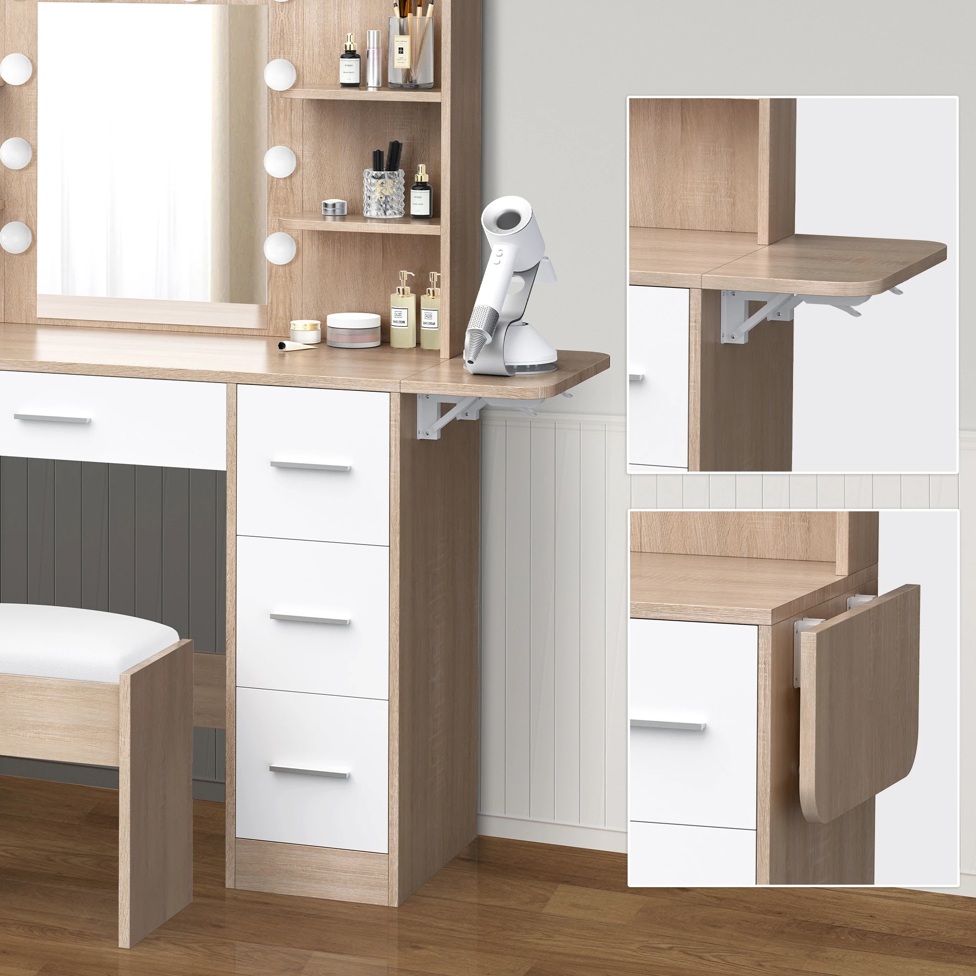 4 Alfordson Dressing Table Stool Set Makeup Mirror Vanity Desk LED Bulbs - Oak, 4 of 10