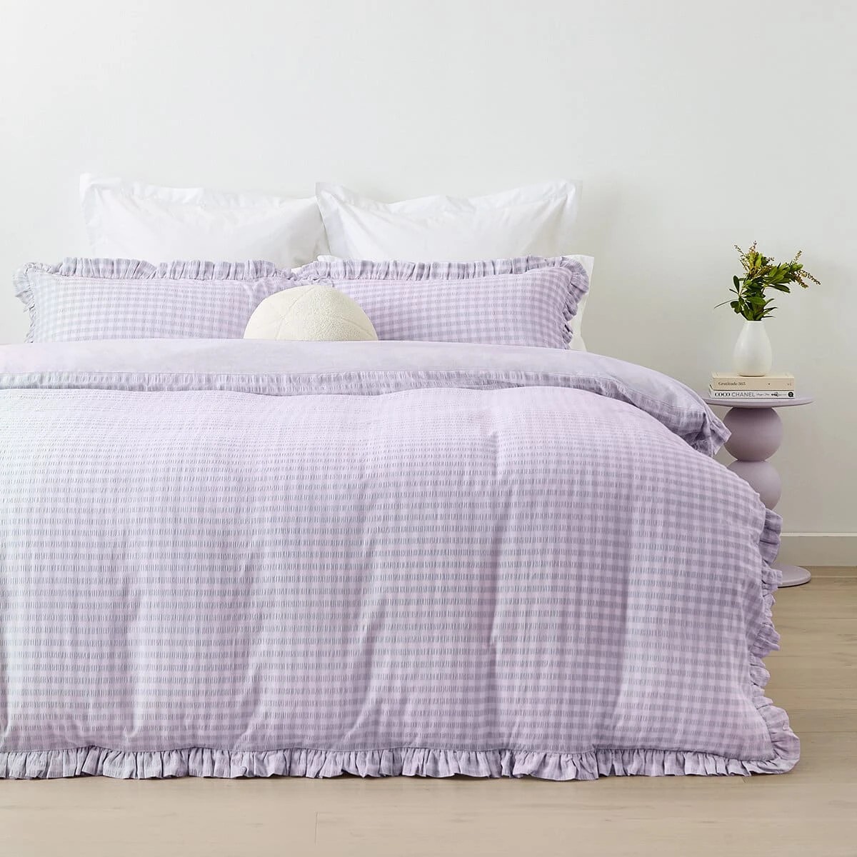 1 Gingham Ruffle Cotton Quilt Cover Set - Double Bed, Lilac, 1 of 6