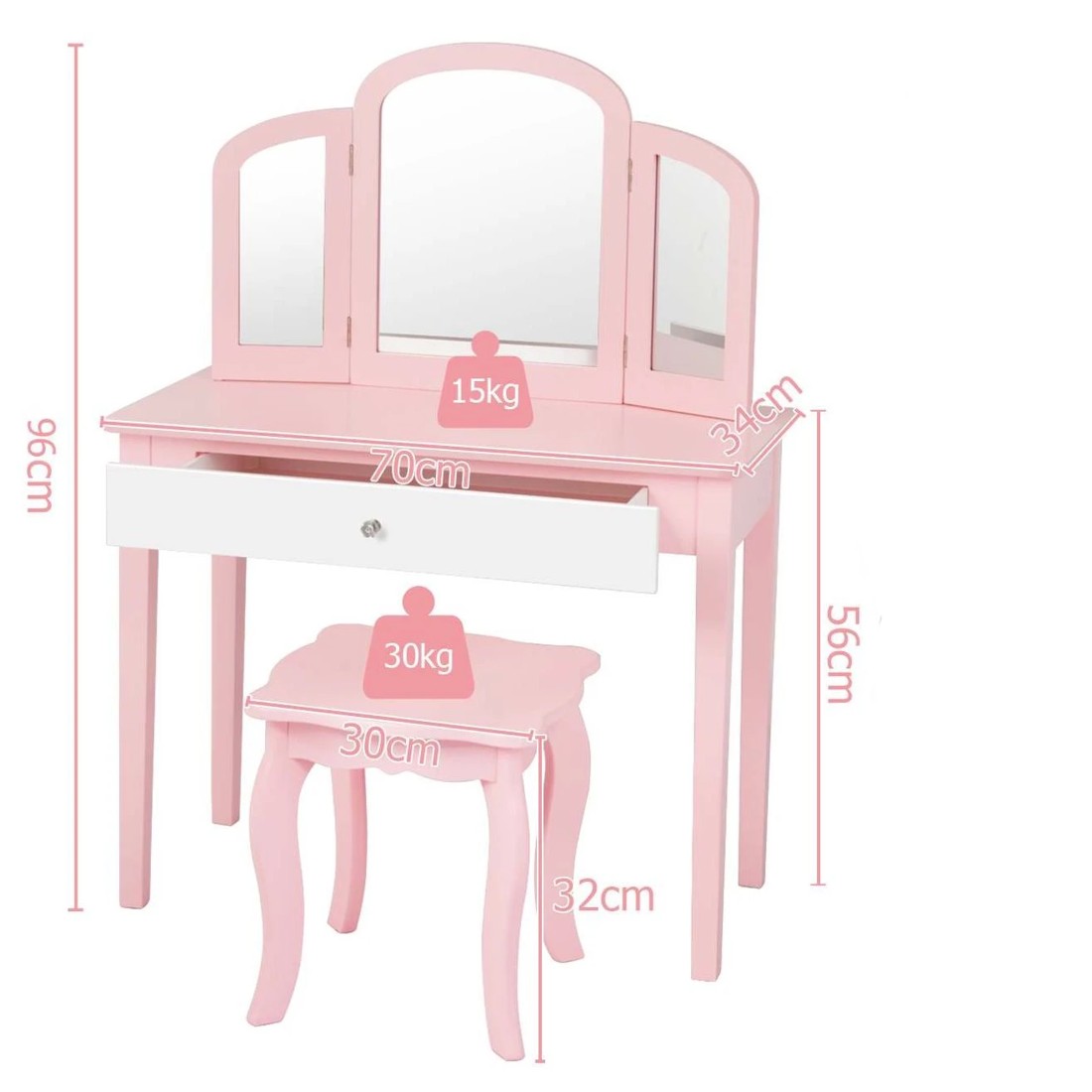 3 Costway Makeup Dressing Table Stool Set Folding Mirror Pink, 3 of 4