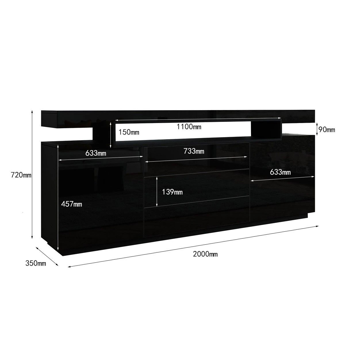 6 Ausway Sideboard Buffet Cabinet High Gloss Cupboard 2 Doors 3 Drawers 200cm, 6 of 7