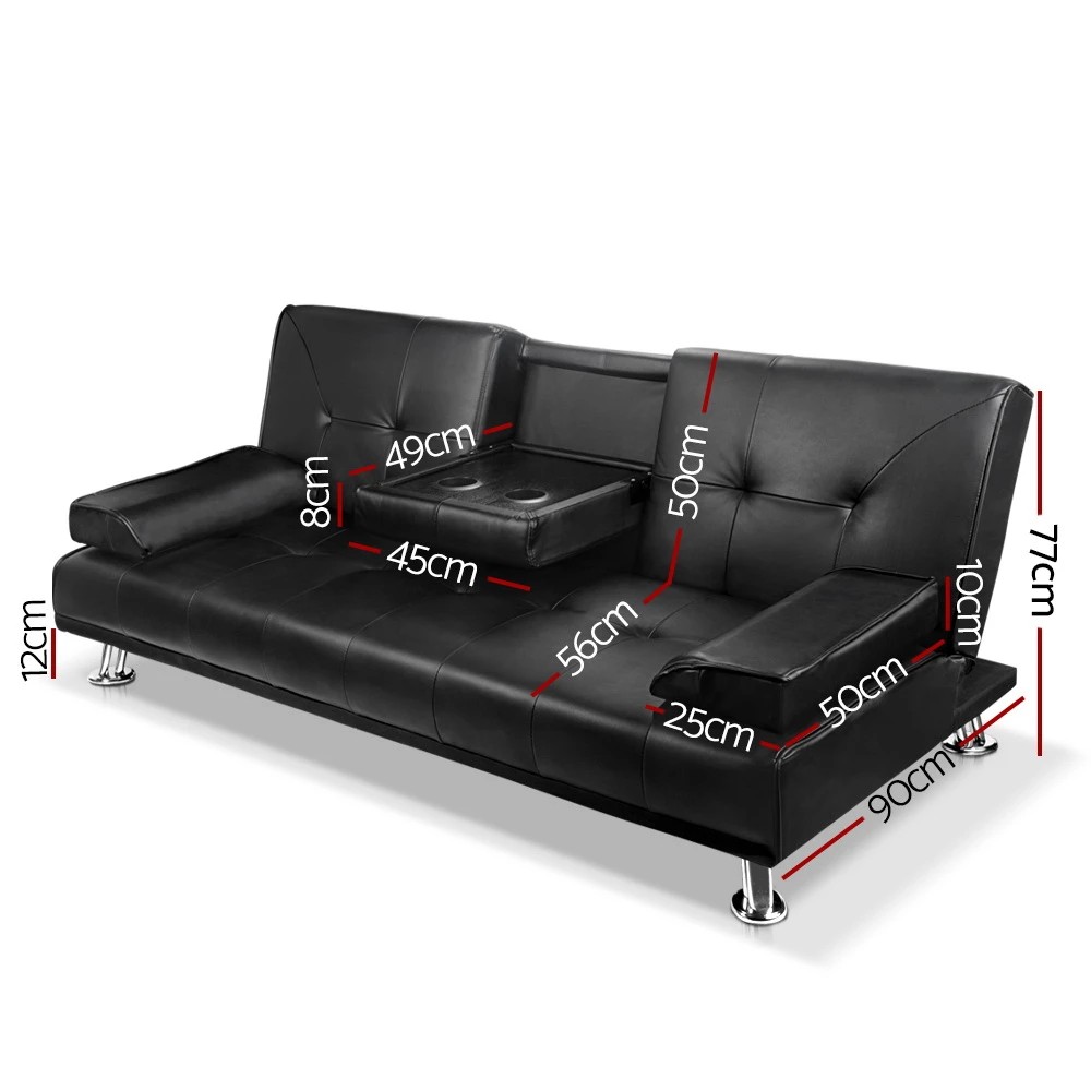 2 Artiss Sofa Bed Couch 188CM  PU Leather - Black, 2 of 7