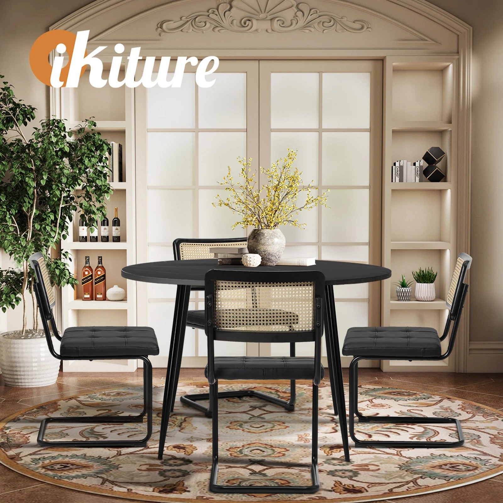5 Oikiture 5PCS Dining Table Set 1.1m Round Dining Table and Chairs PU Leather Padded Seat - Black, 5 of 9