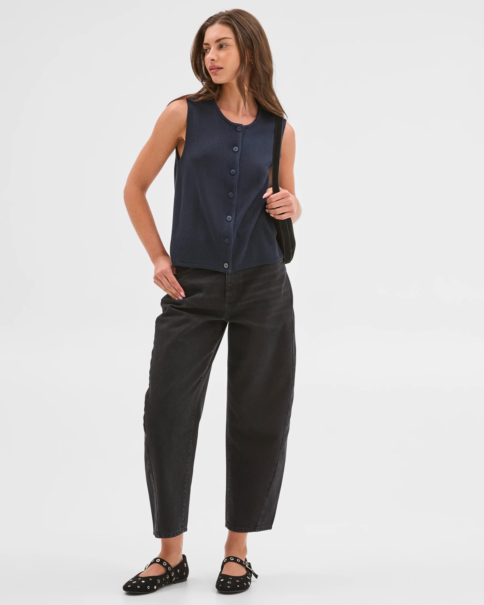 1 Target Petites Petites Forward Seam Barrel Leg Denim Jeans WORN BLACK, 1 of 4