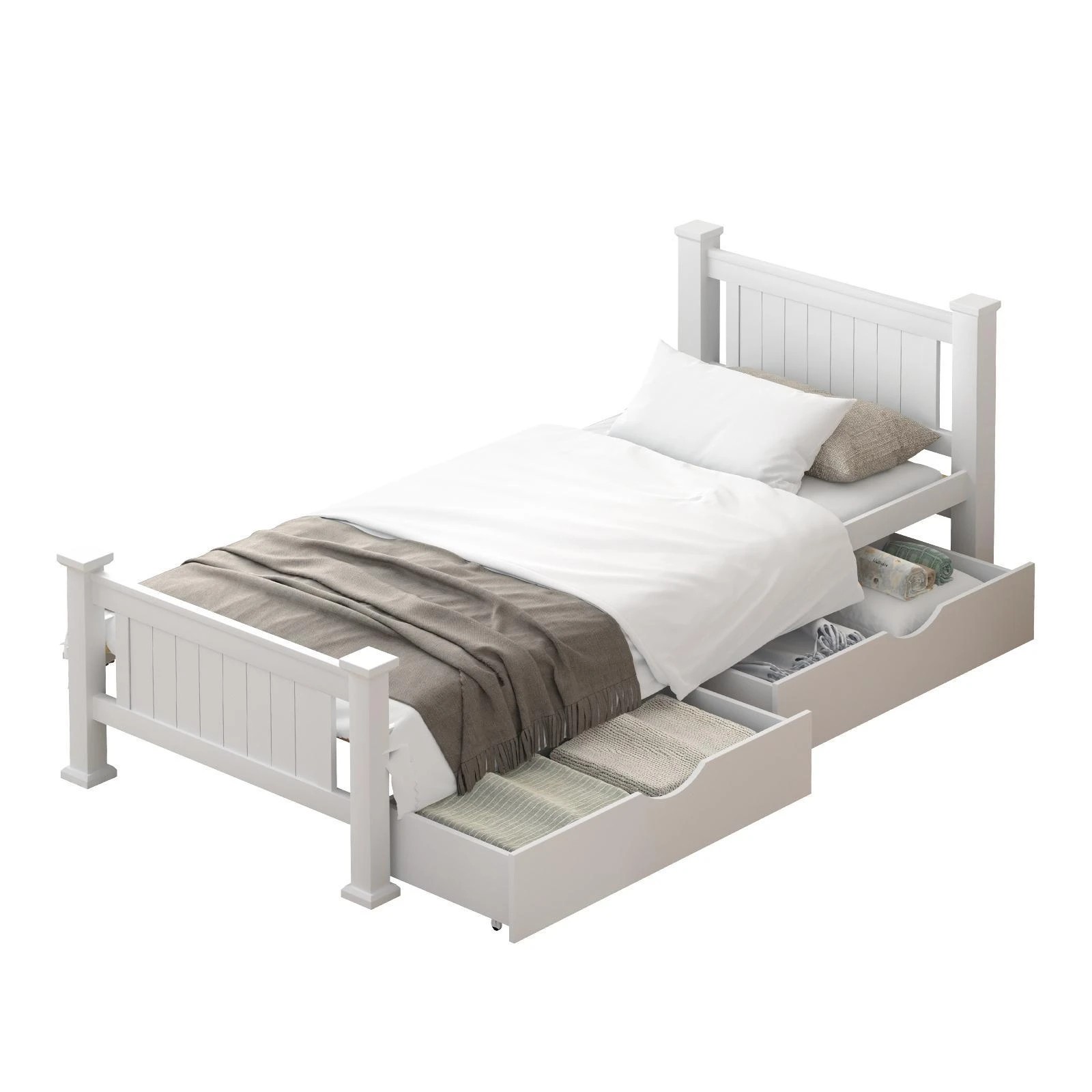 Oikiture Solid Pine Wood Bed Frame with 2 Trundle Drawers King Single ...