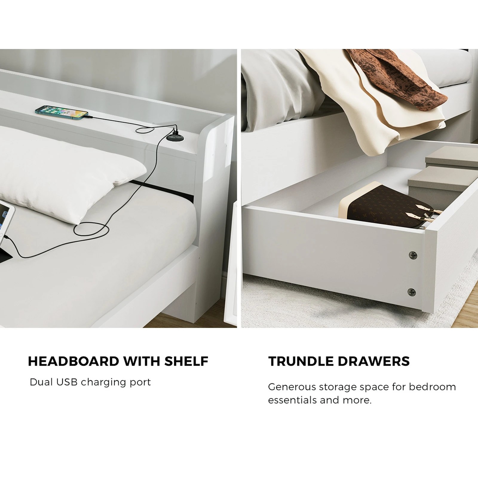 4 Oikiture King Bed With Charging Ports & 2 Drawers Timber Bed Frame
 - White, 4 of 10