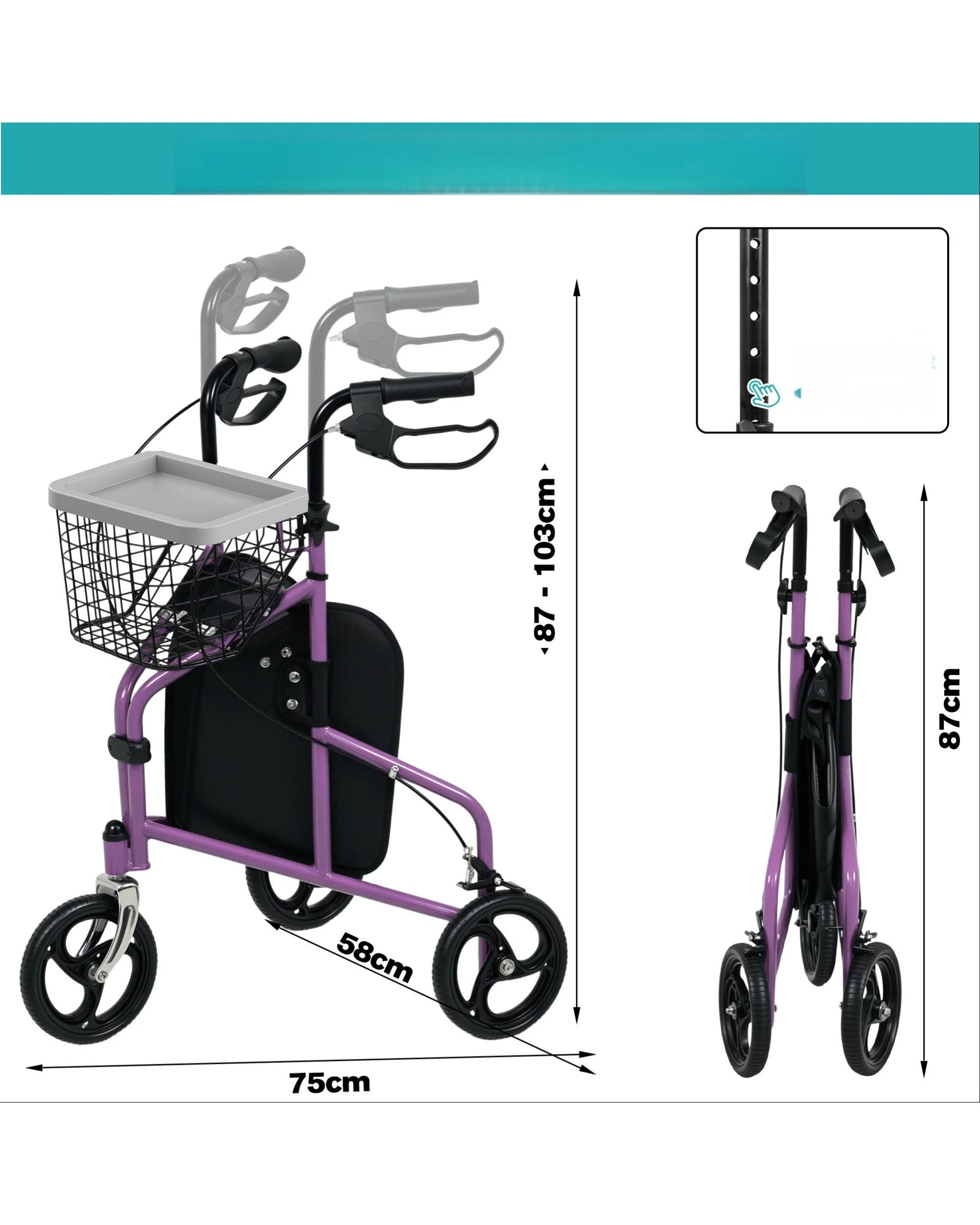 4 Advwin Rollator Walker 3 Wheel Mobility Aid - Purple, 4 of 8