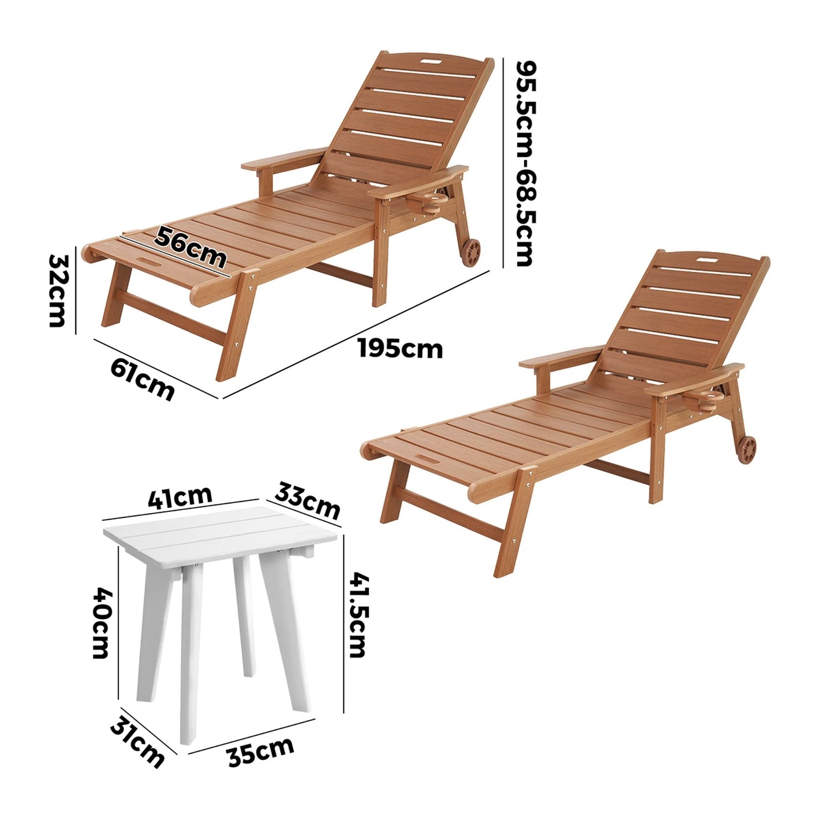 Livsip 3PCS Sun Lounge Set HDPE Lounger Beach Chair Patio Outdoor ...