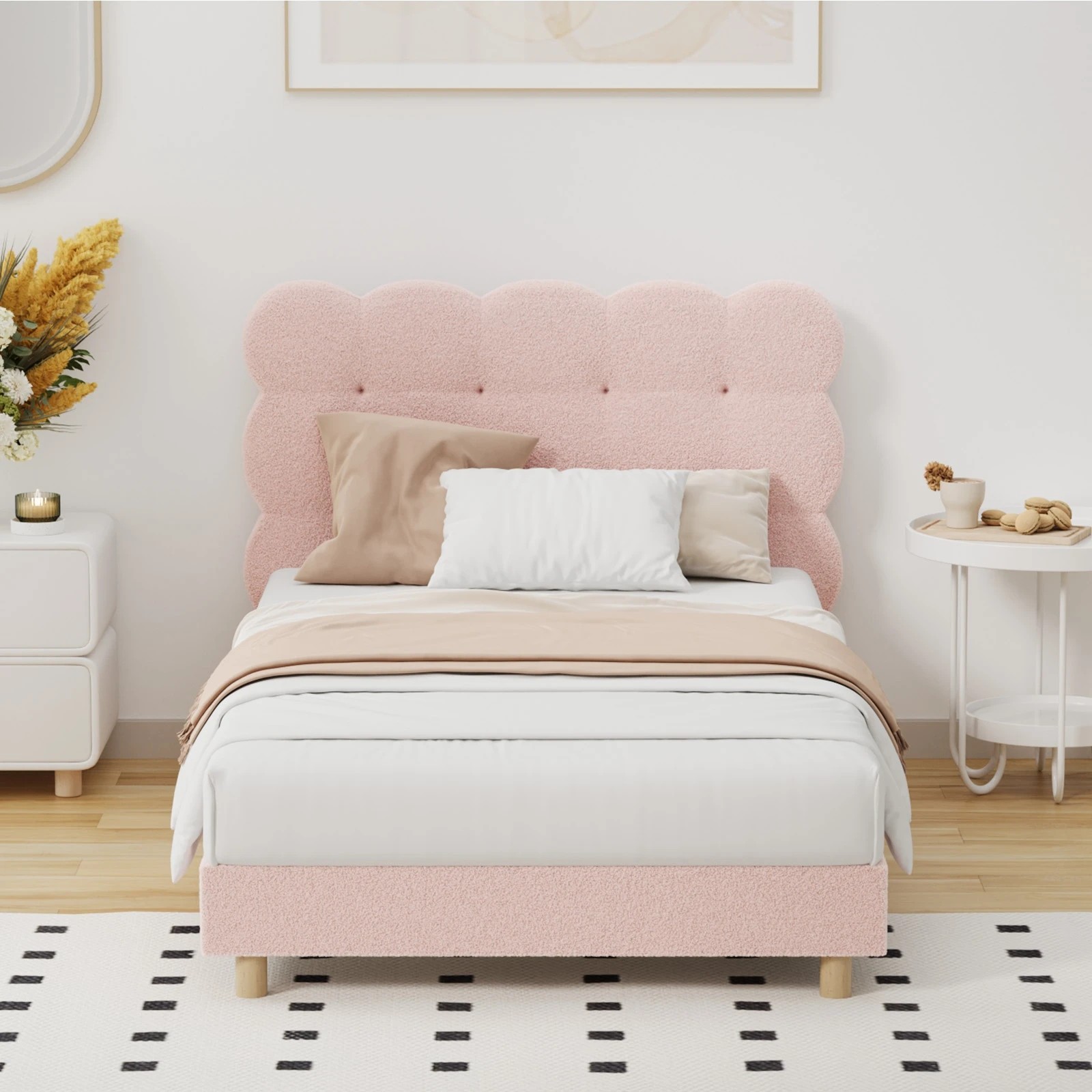 3 Oikiture King Single Bed Tufted Bedhead Boucle Bed Frame
 - Pink, 3 of 10