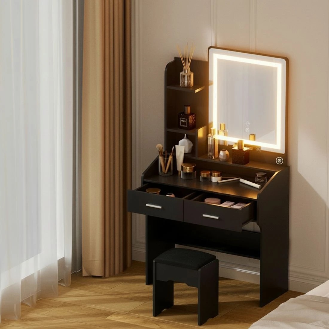 7 Artiss Dressing Table Set Stool Led - Black, 7 of 8