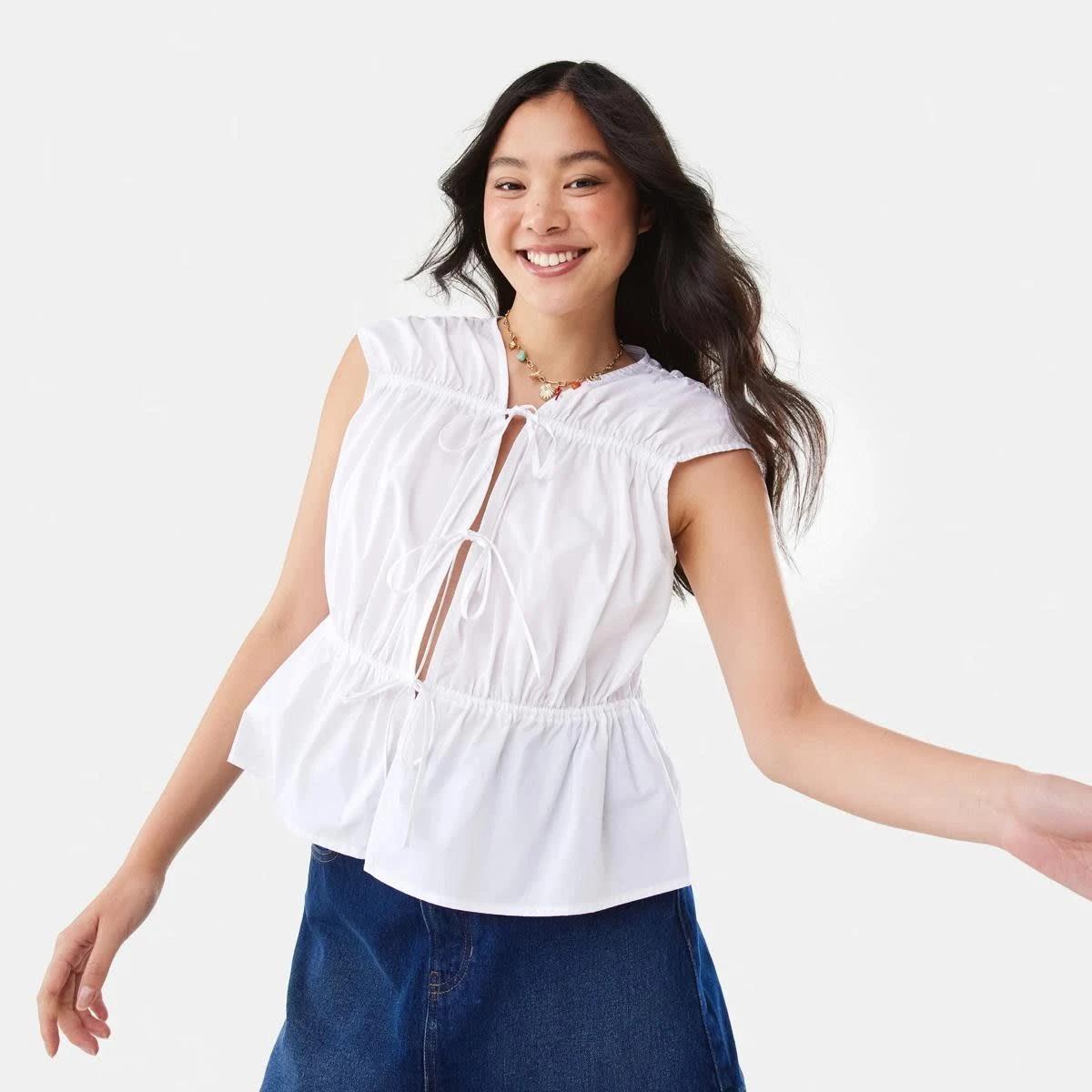 1 Sleeveless Poplin Gathered Tie Top WHITE, 1 of 9
