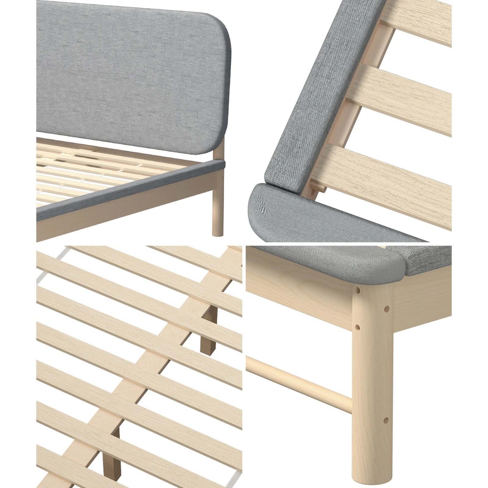 6 Oikiture Wooden Bed Frame With Padded Fabric Edges Pine Headboard Base Double
 - Grey, 6 of 10