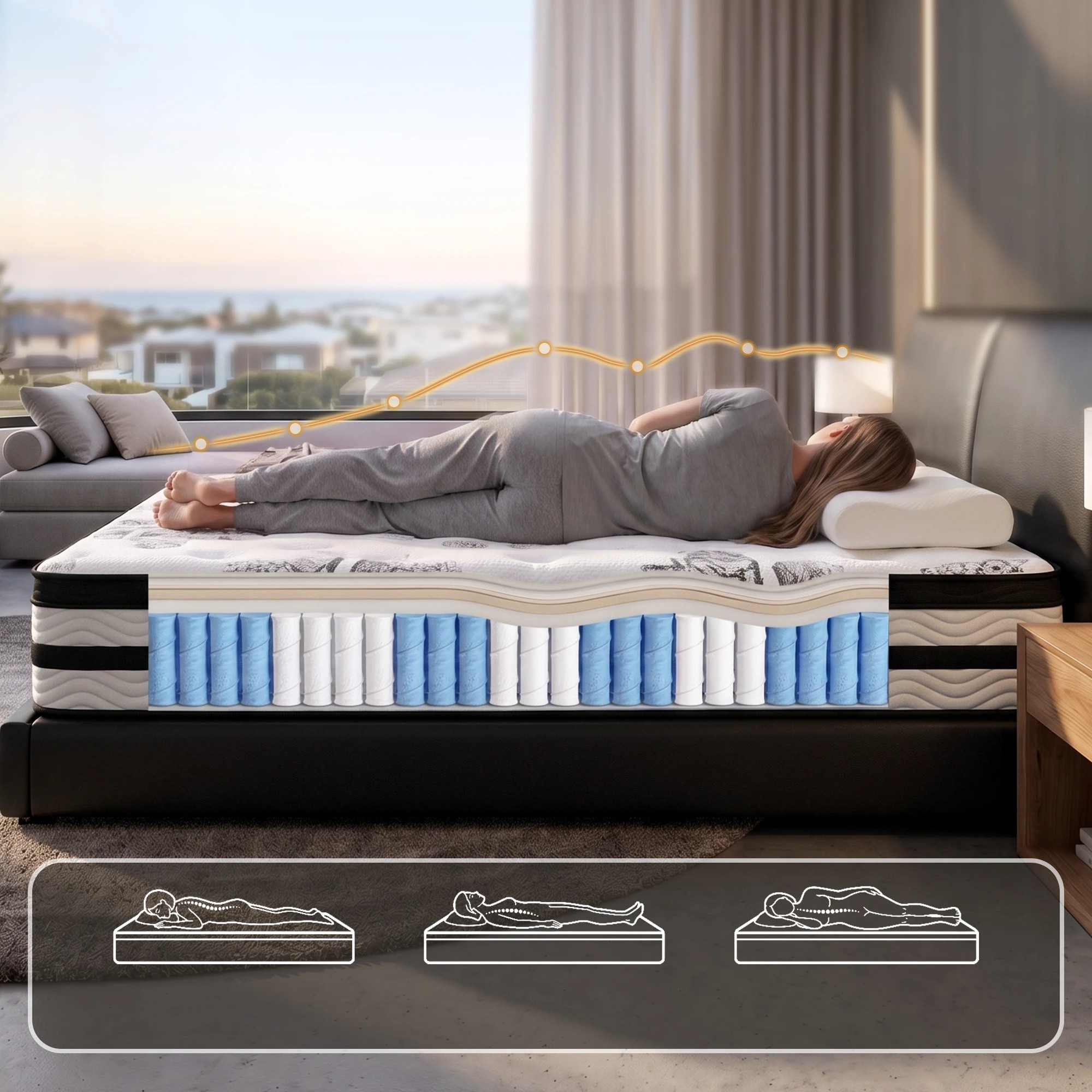 5 Giselle Bedding 34cm 5-Zone Euro Top Pocket Spring Mattress with 2 Latex Contour Pillows - Queen Bed - Multi, 5 of 10