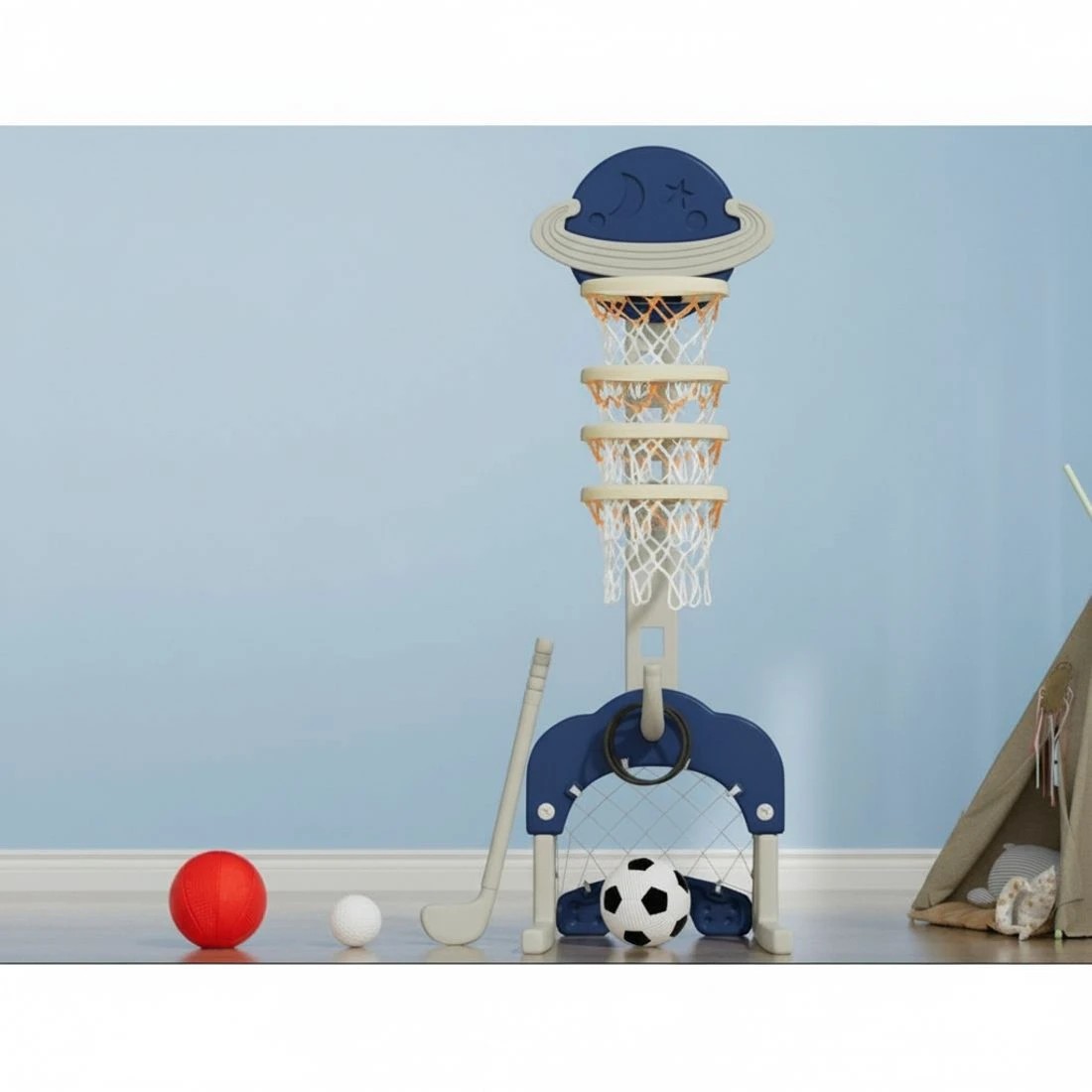 6 Keezi Kids Basketball Hoop Stand Adjustable 6-in-1 Sports Center Toys Set - Blue, 6 of 8