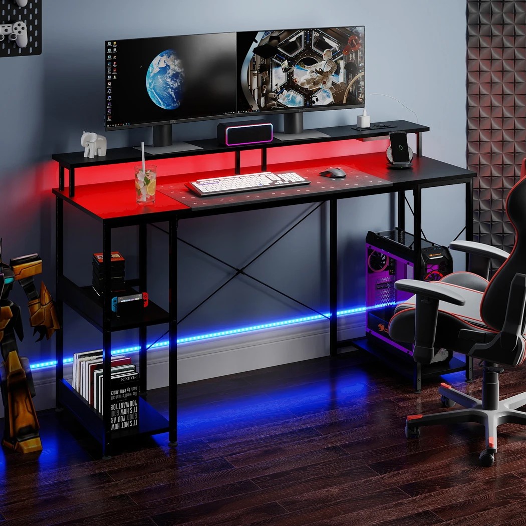 6 Levede 140 CM Computer Desk with Power Outlets and LED Lights in Black Colour, 6 of 7