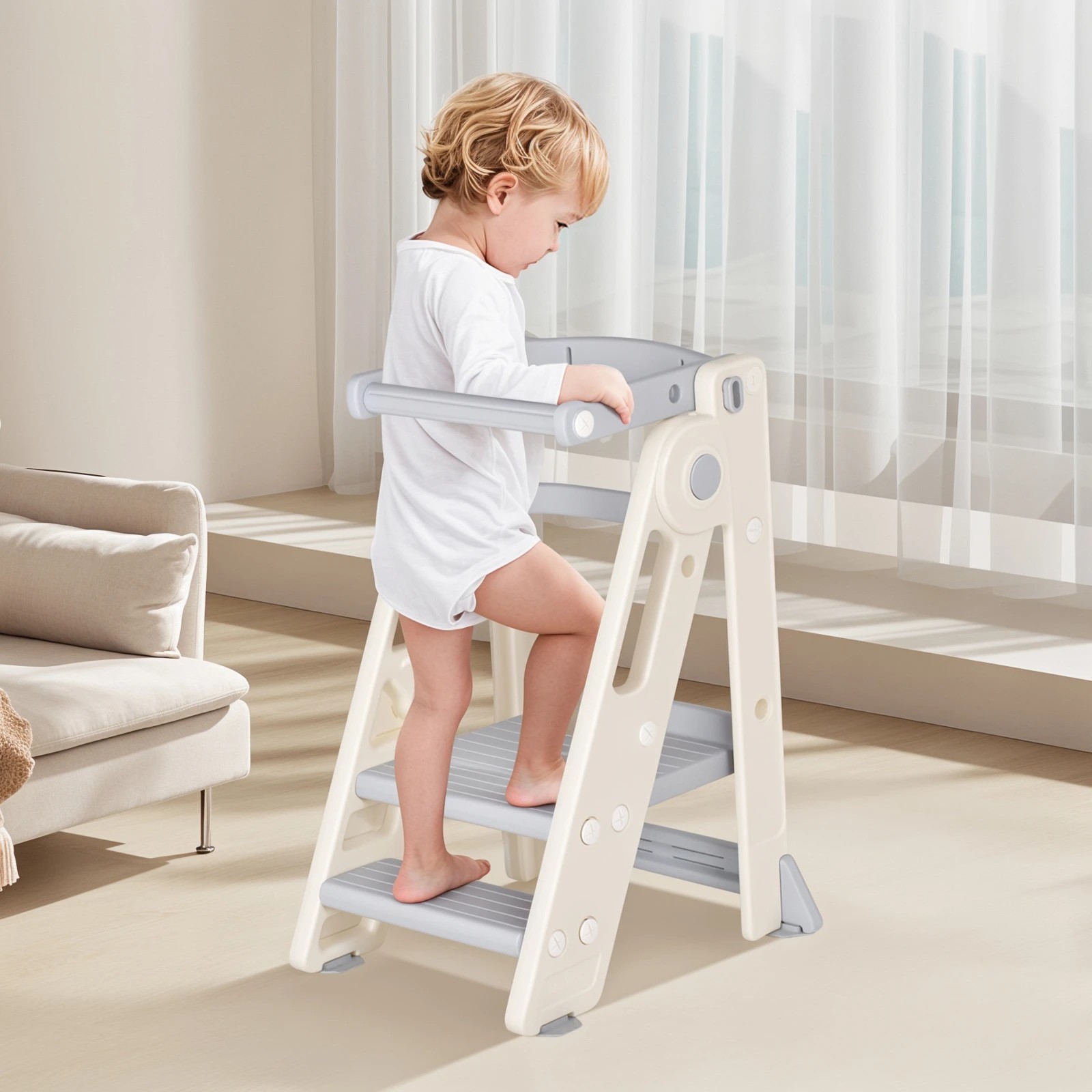 3 Advwin Foldable Kids Step Stool Sink Standing Tower with Safety Rail 2-3 Steps Adjustable Height Kitchen Helper, 3 of 8