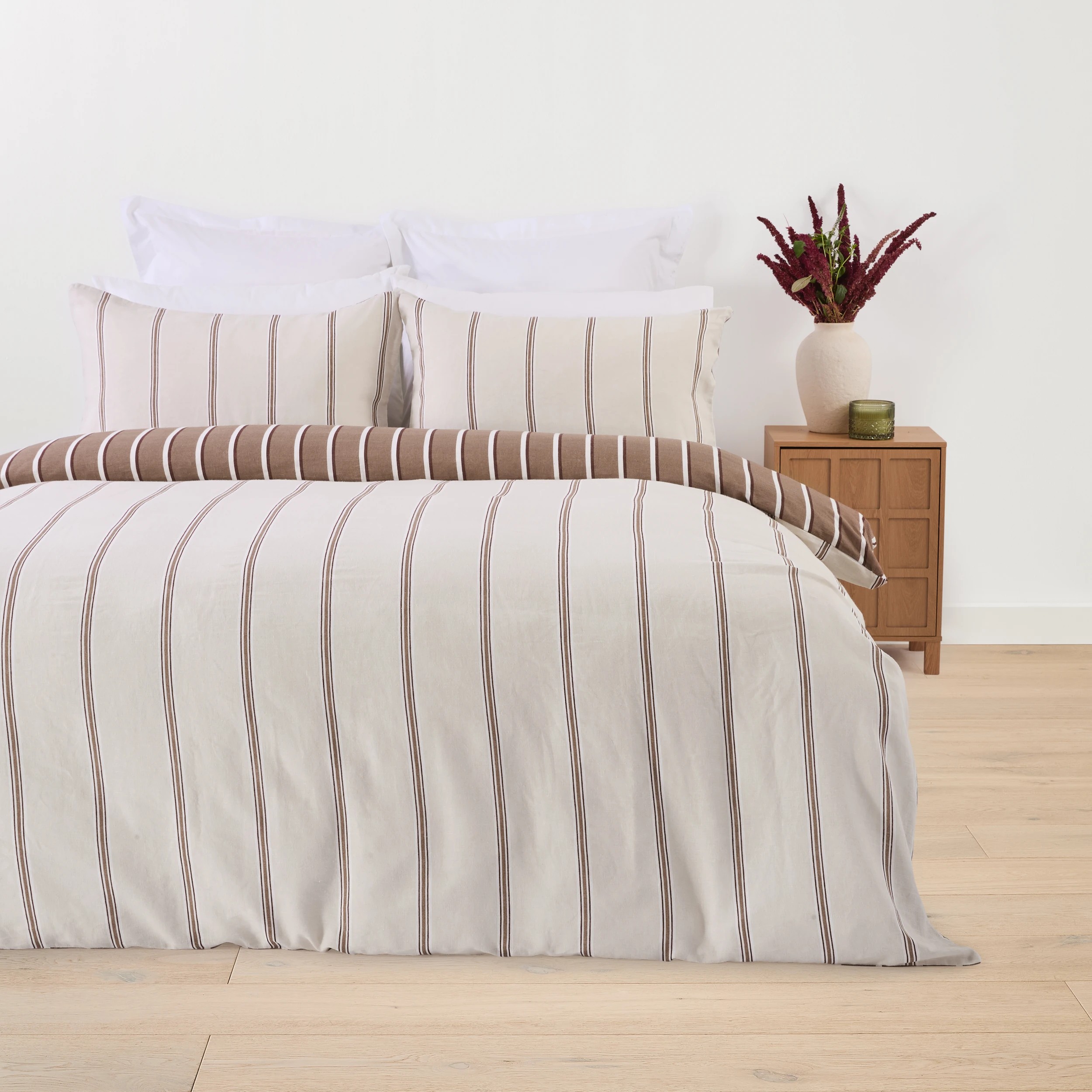 1 Stripe Linen Cotton Reversible Quilt Cover Set - King Bed, Mocha, 1 of 2