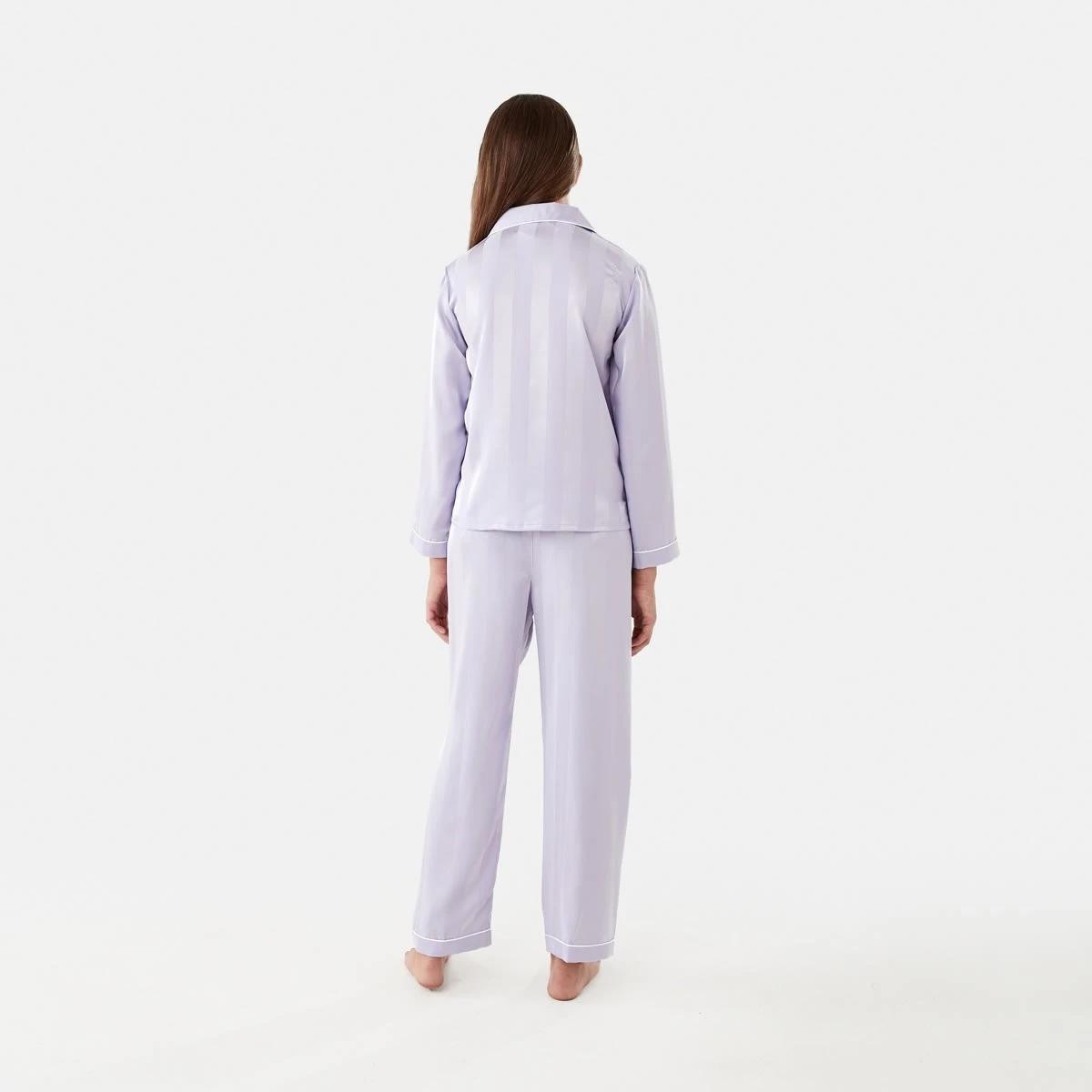 2 Long Sleeve Satin Pyjama Set Pur Stripe, 2 of 10