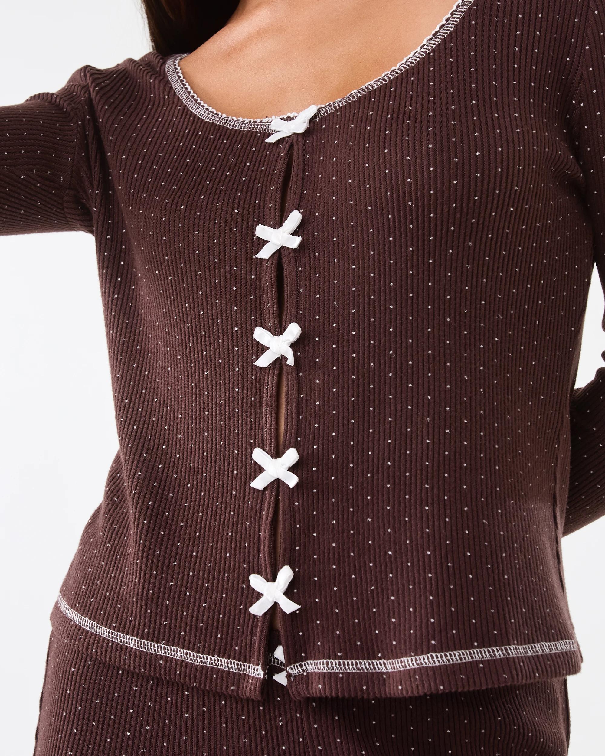 7 Long Sleeve Brushed Rib Bows Top Spot Choc, 7 of 7