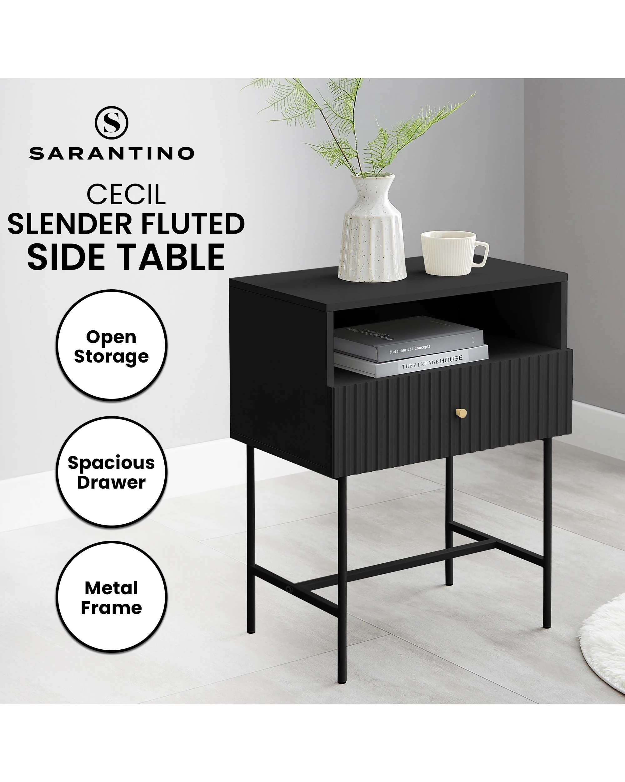 3 Sarantino Cecil Slender Fluted Bedside Table In Black, 3 of 10