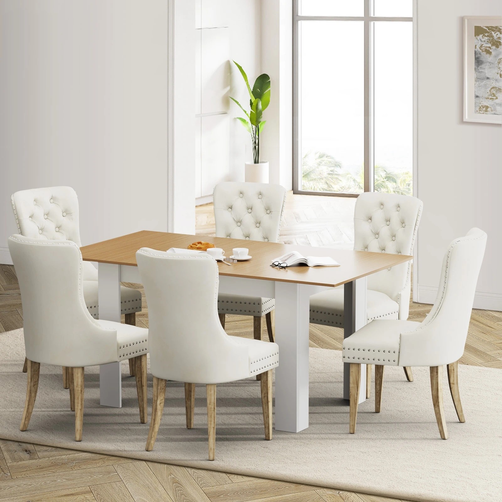 2 Oikiture 160cm Extendable Dining Table With 6pcs Dining Chairs Velvet
 - Multi, 2 of 8