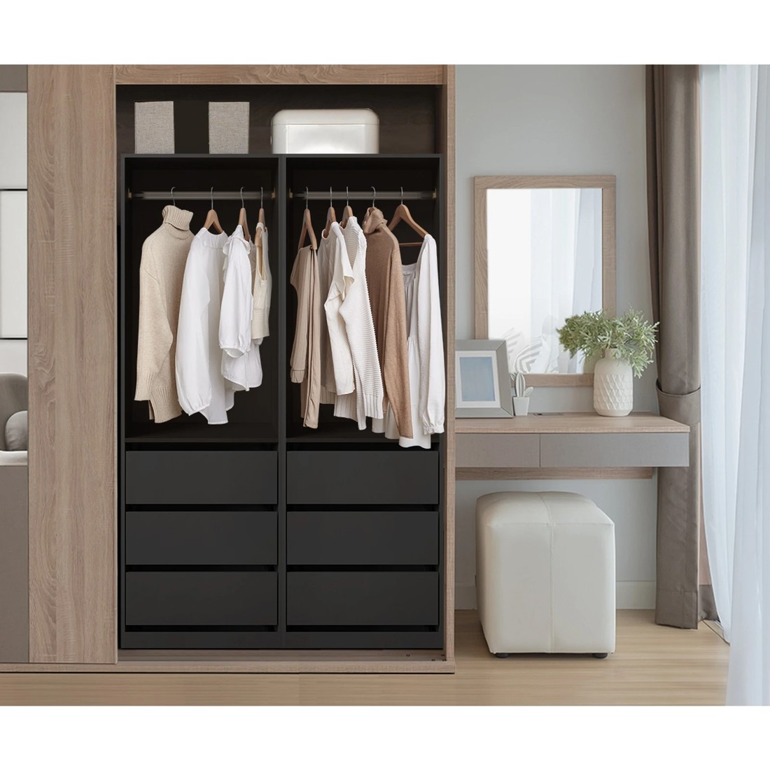 3 Oikiture Open Wardrobe Shelf Unit Clothes Storage 3 Drawers Hanging Rail
 - Black, 3 of 10