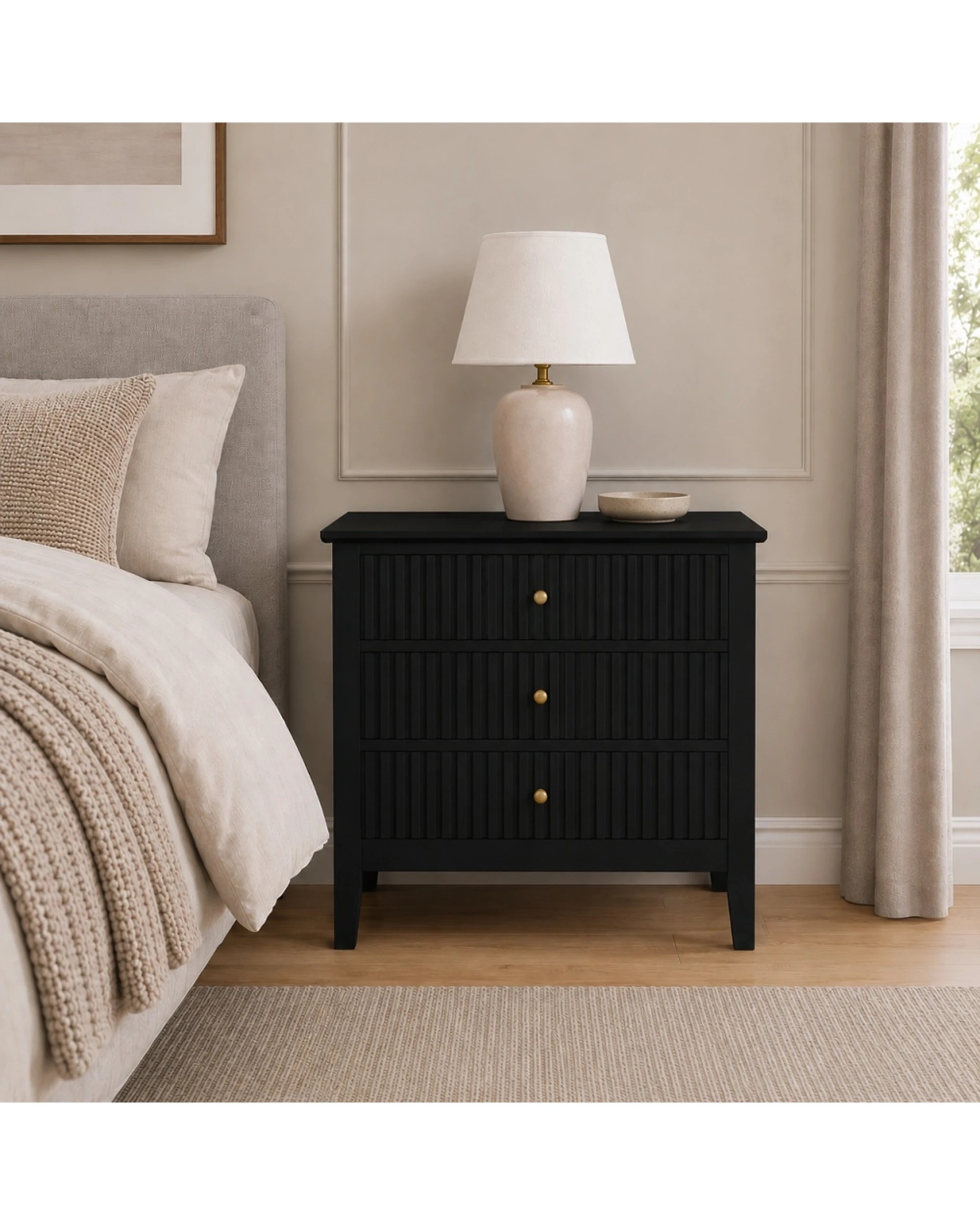 2 Alpine Bay Zara Fluted WIDE Bedside Table 3 Drawer W65cm - Black, 2 of 7