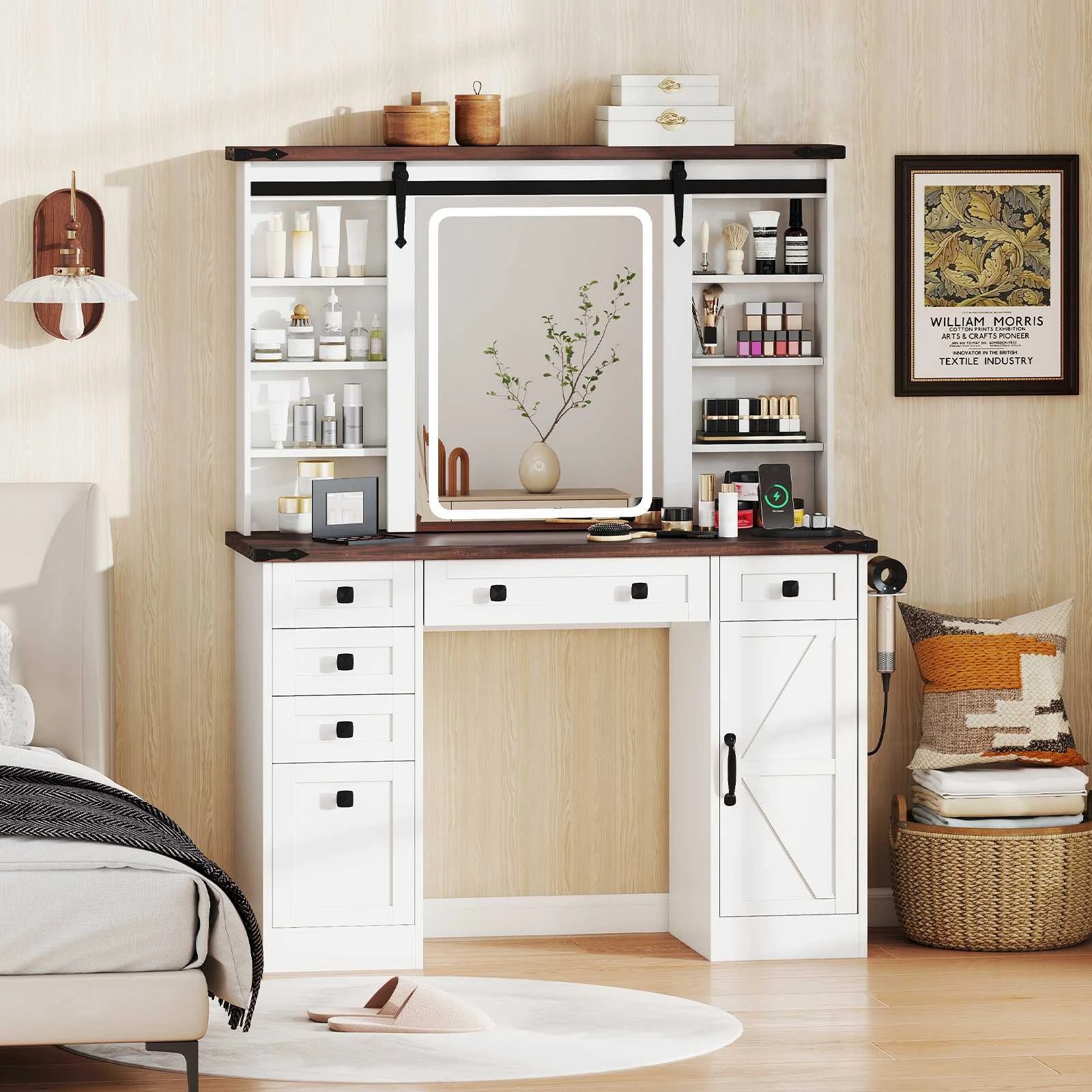 4 Costway Lighted Farmhouse Dressing Table w/Sliding Mirror Makeup Vanity Desk, 4 of 5