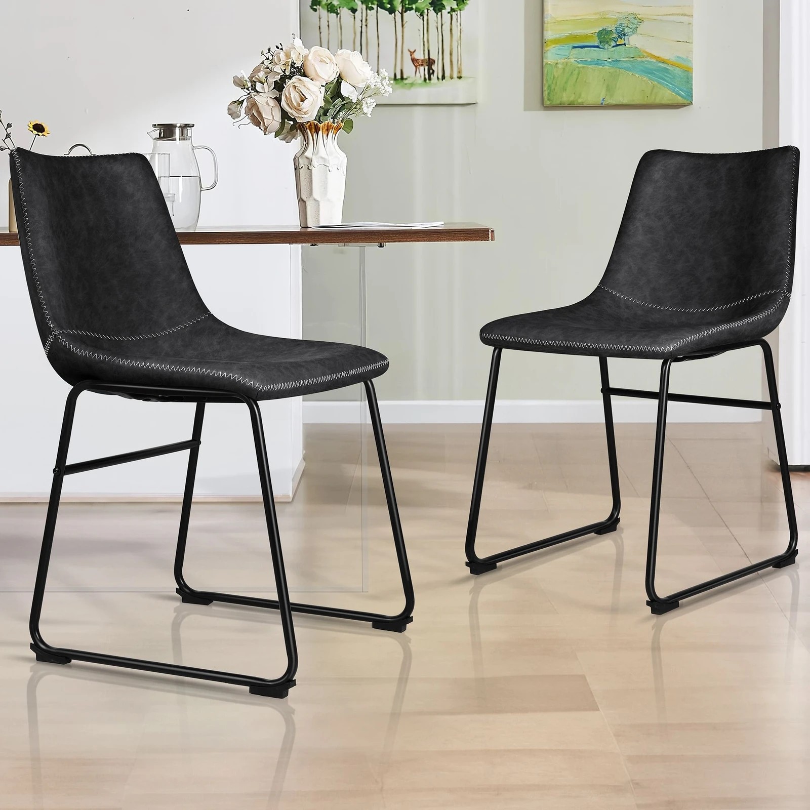 2 Alfordson 2x Dining Chairs Kitchen Lounge Cafe Seat Retro PU Leather - Black, 2 of 10