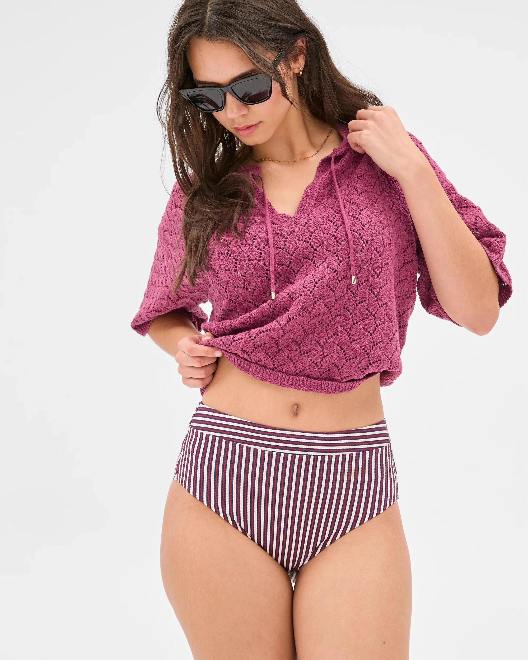 8 Target Resort High Waisted Honeycomb Bikini Bottoms - Shape Your Body NAVY/RED STRIPE, 8 of 10