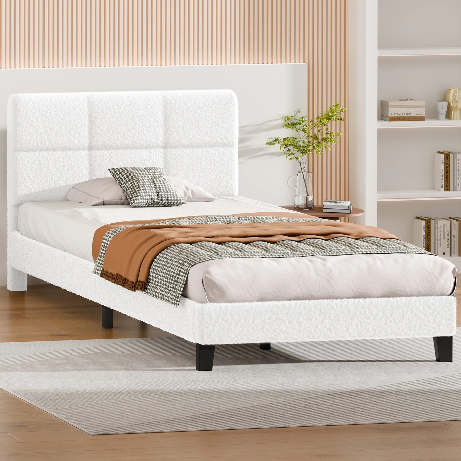 4 Alfordson Bed Frame King Single Wooden Slats Platform Boucle Paula - White, 4 of 9