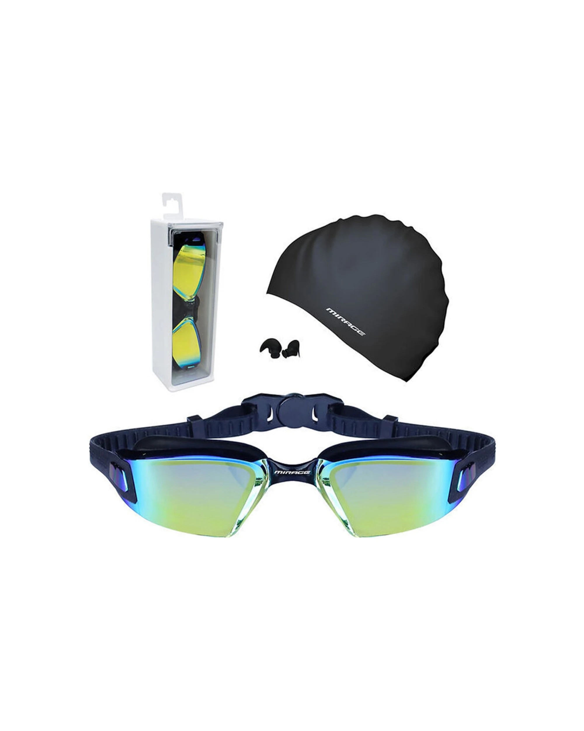 2 Mirage 2PK Lane Master Adult Performance Goggles Swim Cap Ear Plugs Pack - Black, 2 of 2