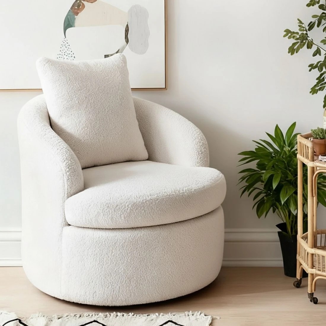 3 Artiss Swivel Chair Round Armchair Extra Pillow - White, 3 of 5