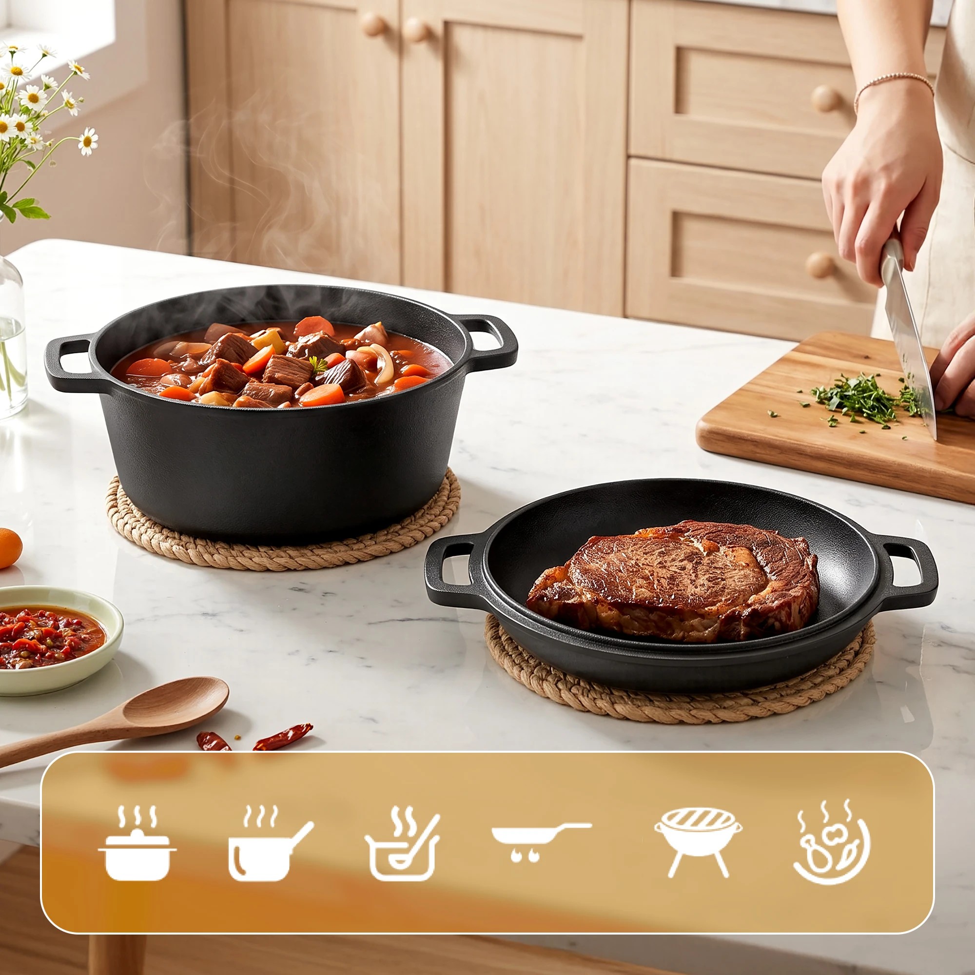 4 5-Star Chef 5L 2-In-1 Pre-Seasoned Cast Iron Dutch Oven Pot with Lid and Dual Handles - Black, 4 of 9