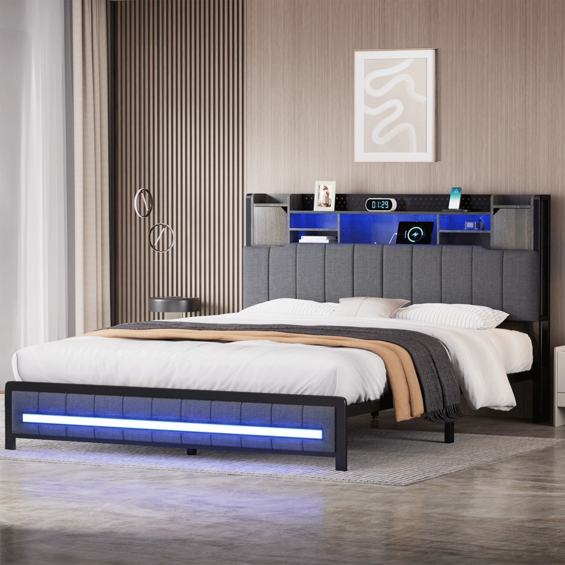 7 Levede Double Size Bed Frame Fabric with LED USB and Storage Bedhead, 7 of 9